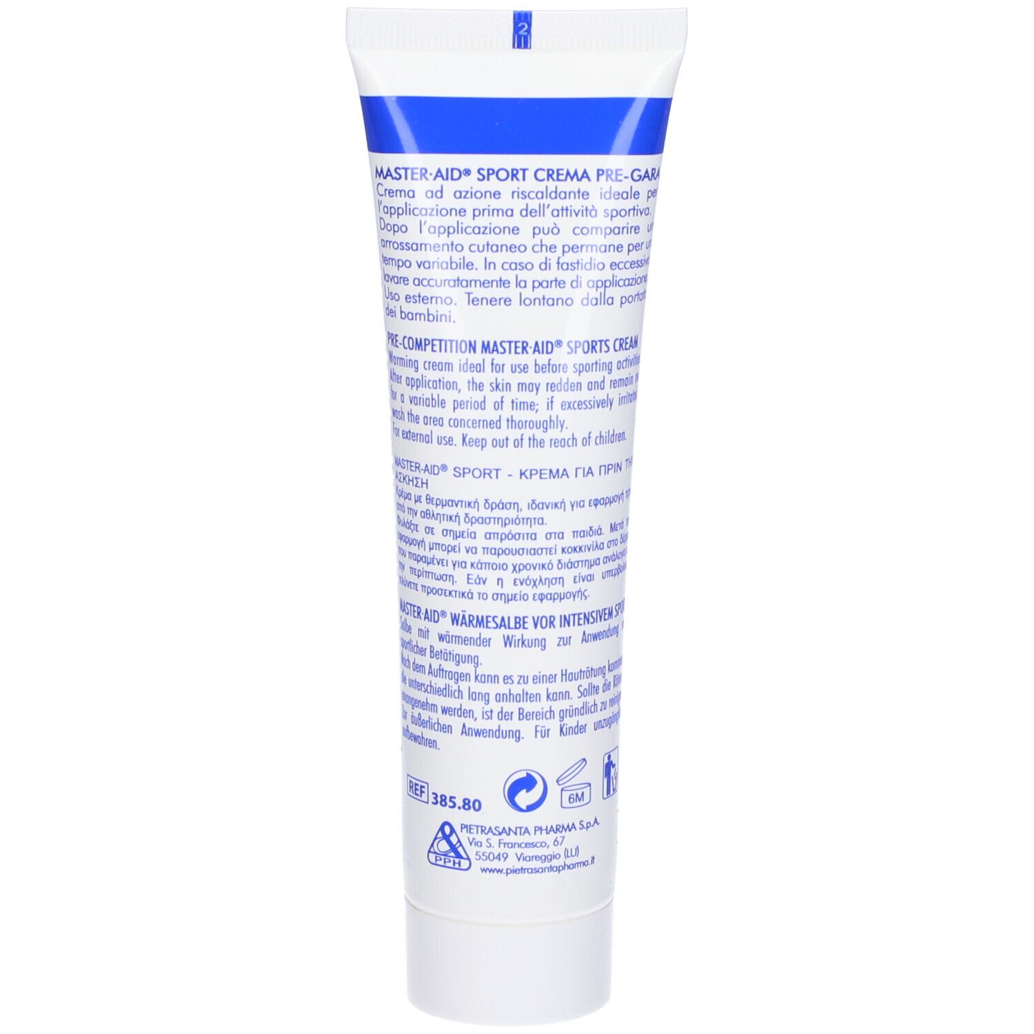 Retro del tubo bianco. Testo in più lingue. Scritta: MASTER-AID SPORT CREMA PRE-GARA.