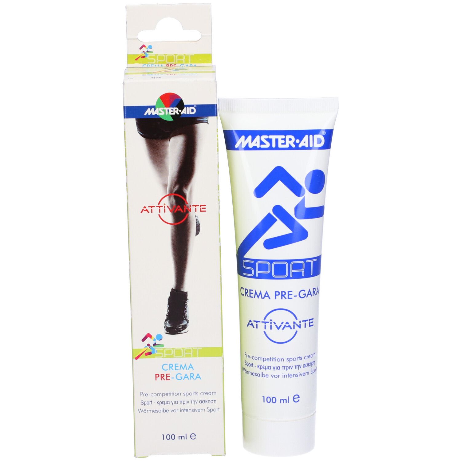 Tubo e scatola bianchi con testo blu. Scritta: MASTER-AID SPORT CREMA PRE-GARA. Illustrazione di un corridore.