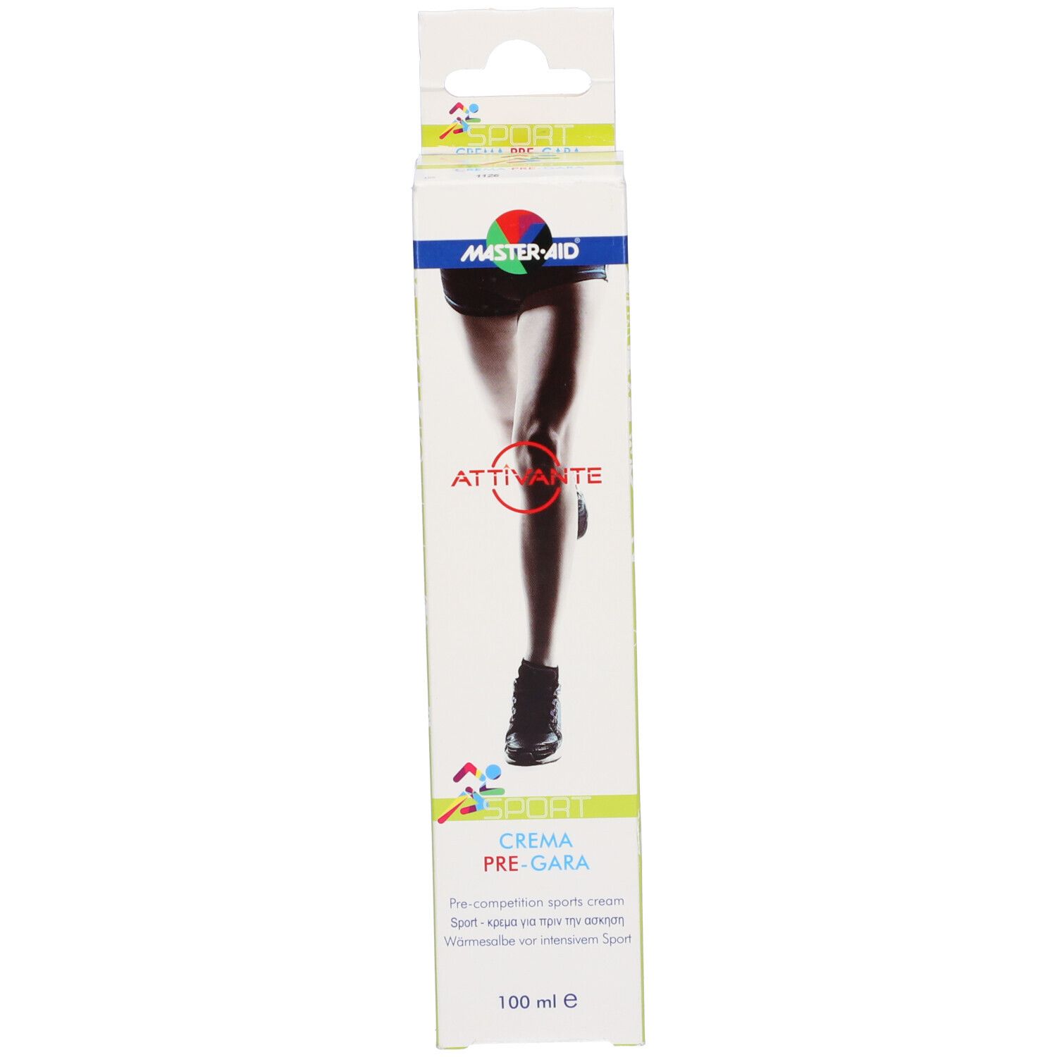 Scatola con tubo bianco. Scritta: MASTER-AID SPORT CREMA PRE-GARA. Illustrazione di un corridore.