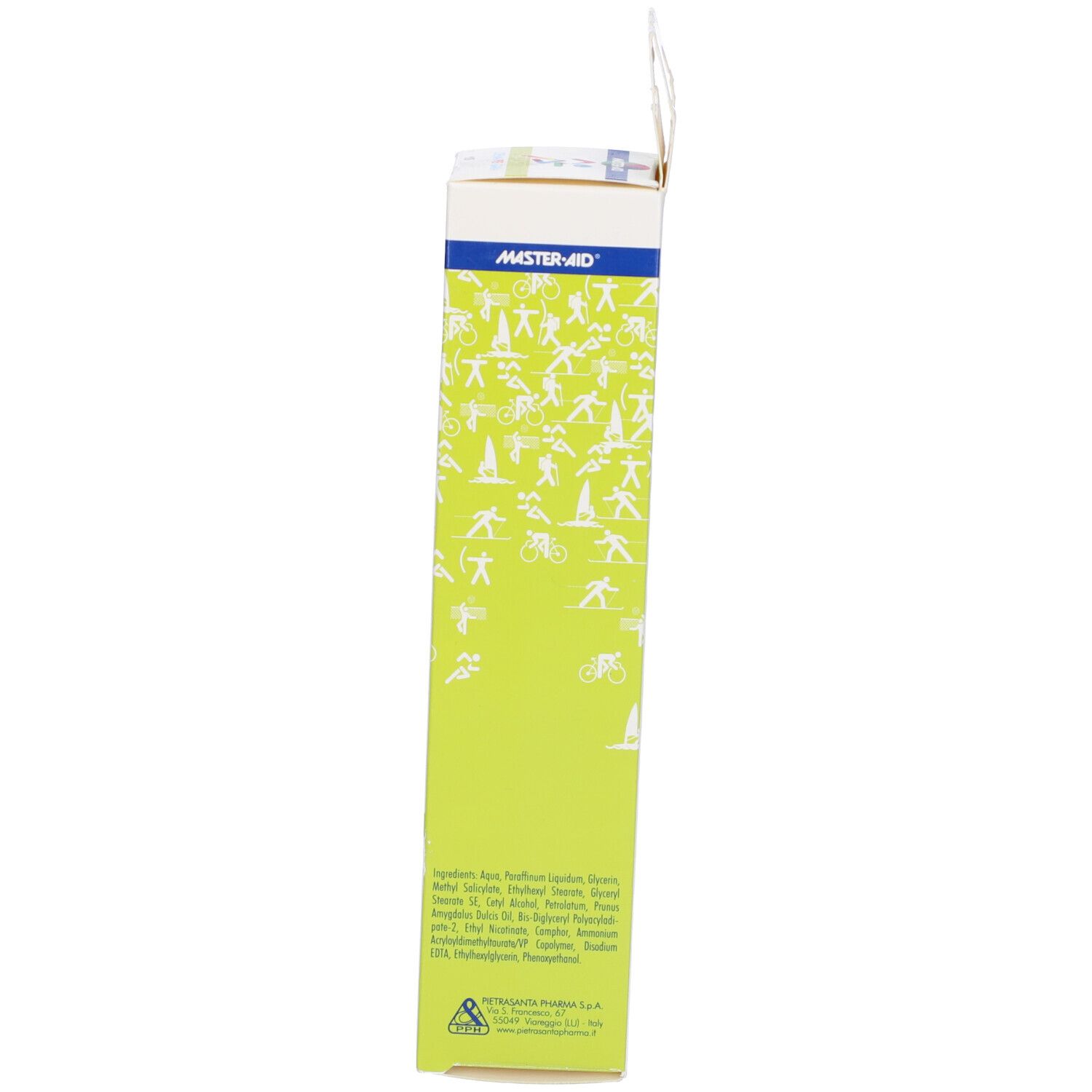 Scatola, vista laterale. Verde e bianco con testo e illustrazioni di atleti.