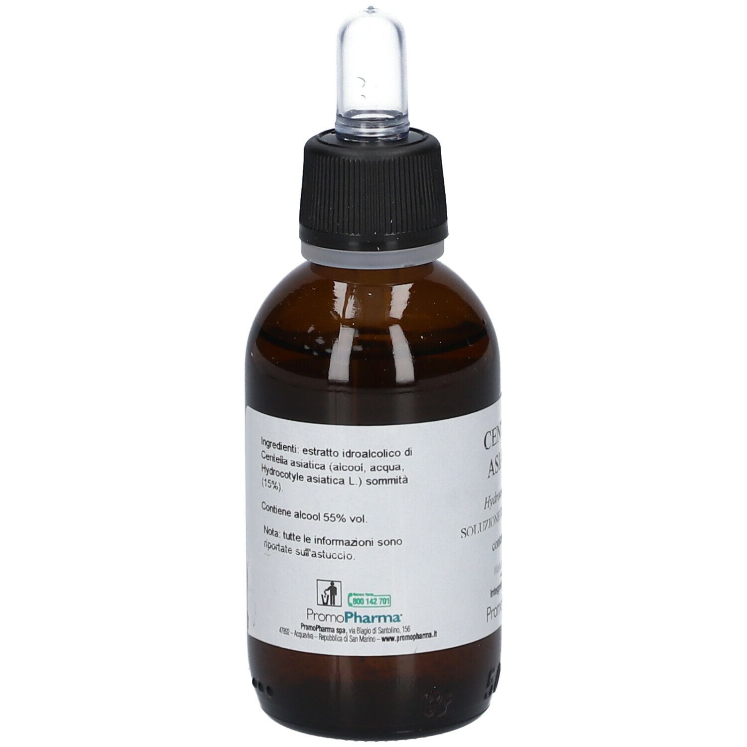 Flacone di vetro marrone con tappo nero e pipetta. Etichetta con Centella Asiatica, Hydrocotyle asiatica, 50 ml, 55% alcool.