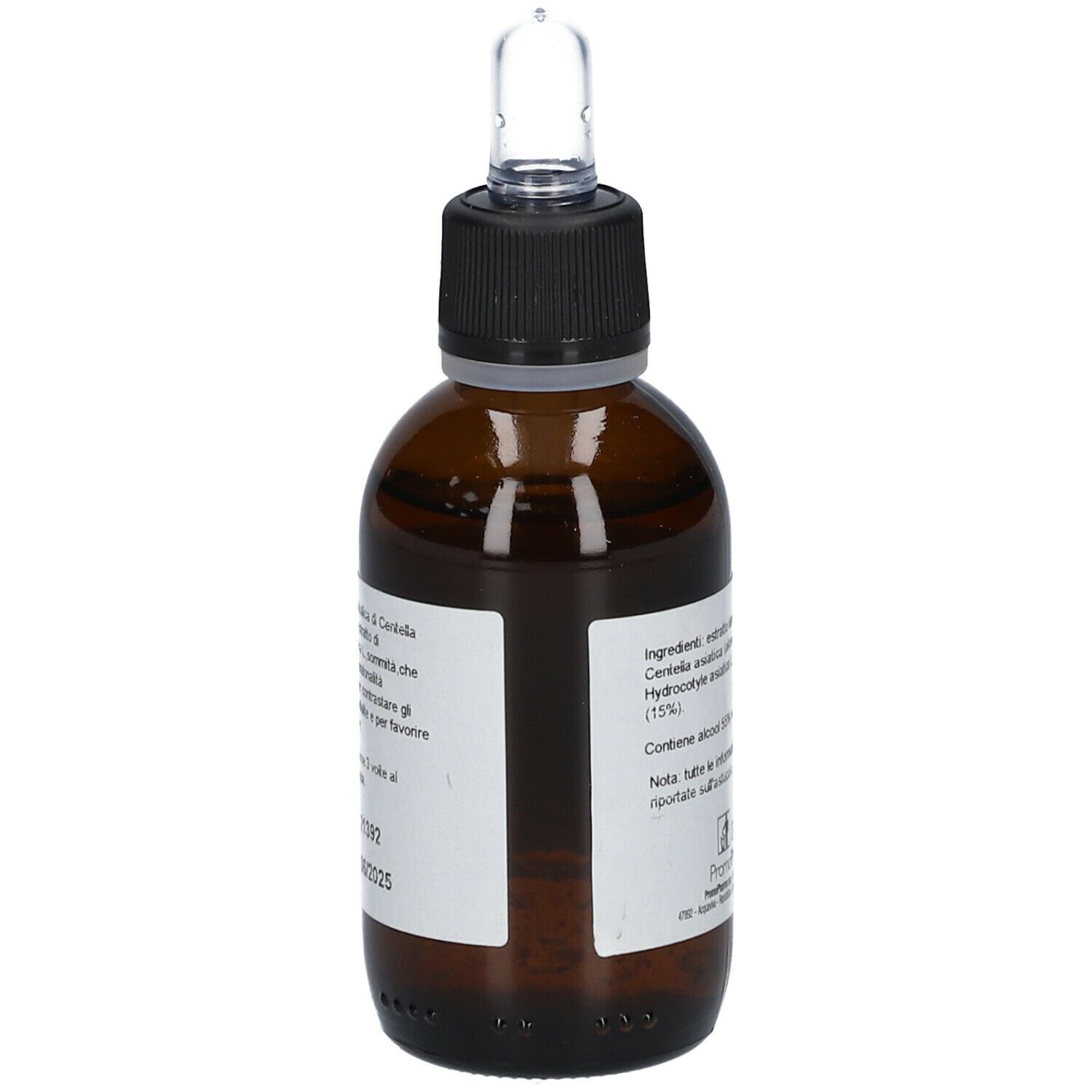 Flacone di vetro marrone con tappo nero e pipetta. Etichetta con Centella Asiatica, Hydrocotyle asiatica, 50 ml. Dettagli.