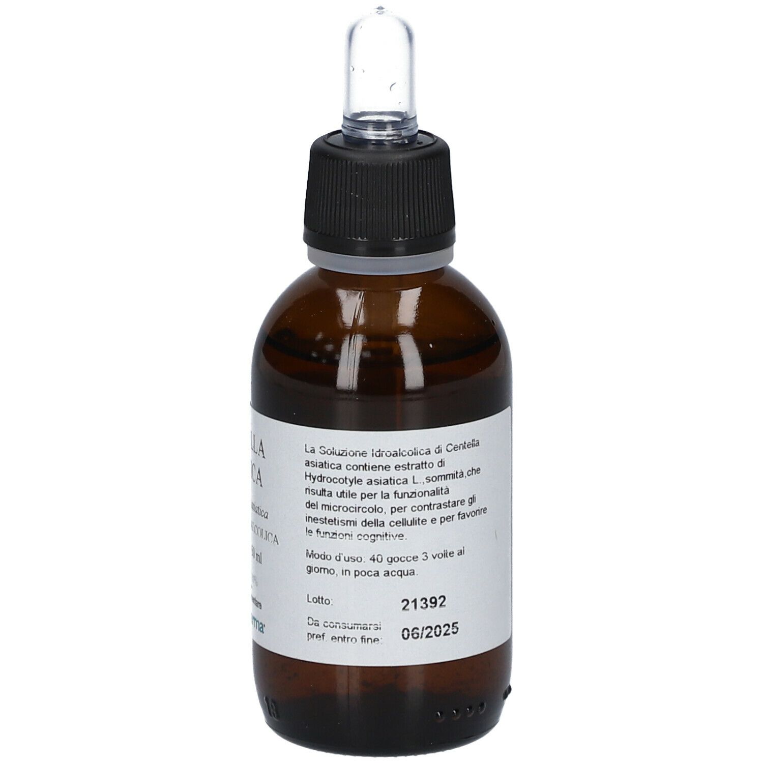 Flacone di vetro marrone con tappo nero e pipetta. Etichetta con Centella Asiatica, Hydrocotyle asiatica, 50 ml. Dettagli.