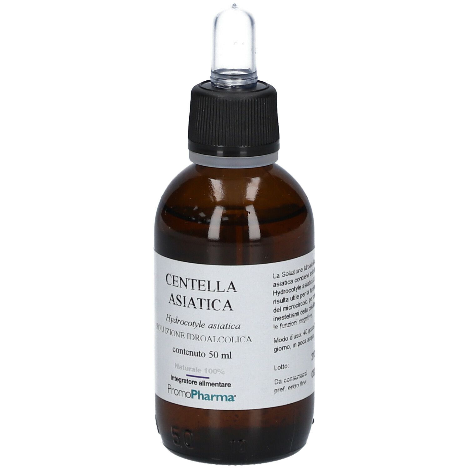 Flacone di vetro marrone con tappo nero e pipetta. Etichetta con Centella Asiatica, Hydrocotyle asiatica, 50 ml. Dettagli.