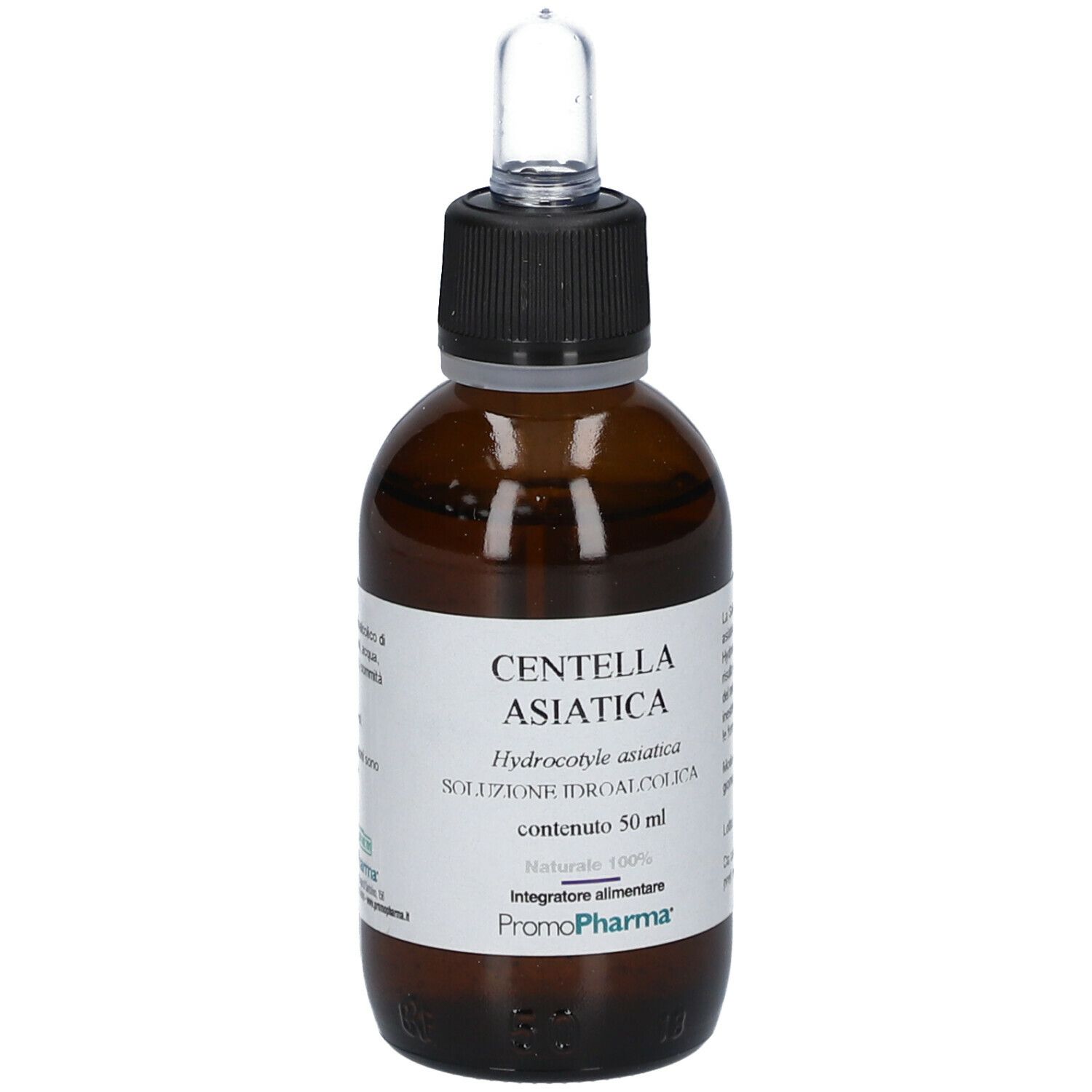 Flacone di vetro marrone con tappo nero e pipetta. Etichetta con Centella Asiatica, Hydrocotyle asiatica, 50 ml. Dettagli.