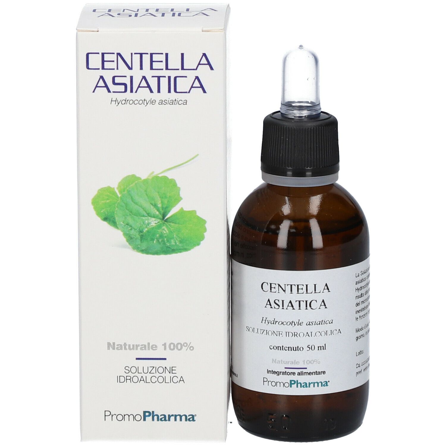 Confezione prodotto con flacone e scatola. Flacone: marrone, pipetta. Scatola: bianca, Centella Asiatica, foglie, Naturale 100%.
