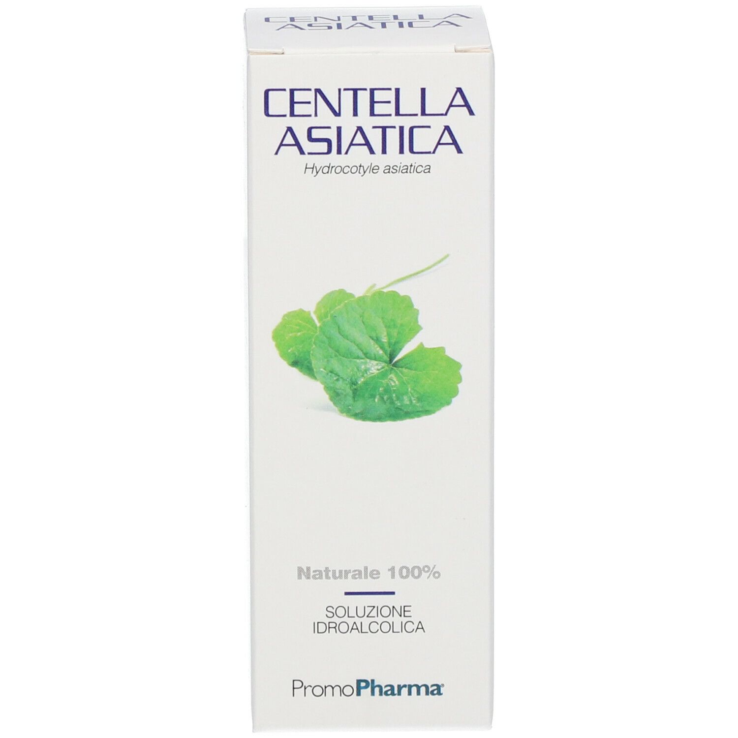 Scatola bianca con logo Centella Asiatica e foglie. Testo: Naturale 100%, Soluzione Idroalcolica. Logo PromoPharma.