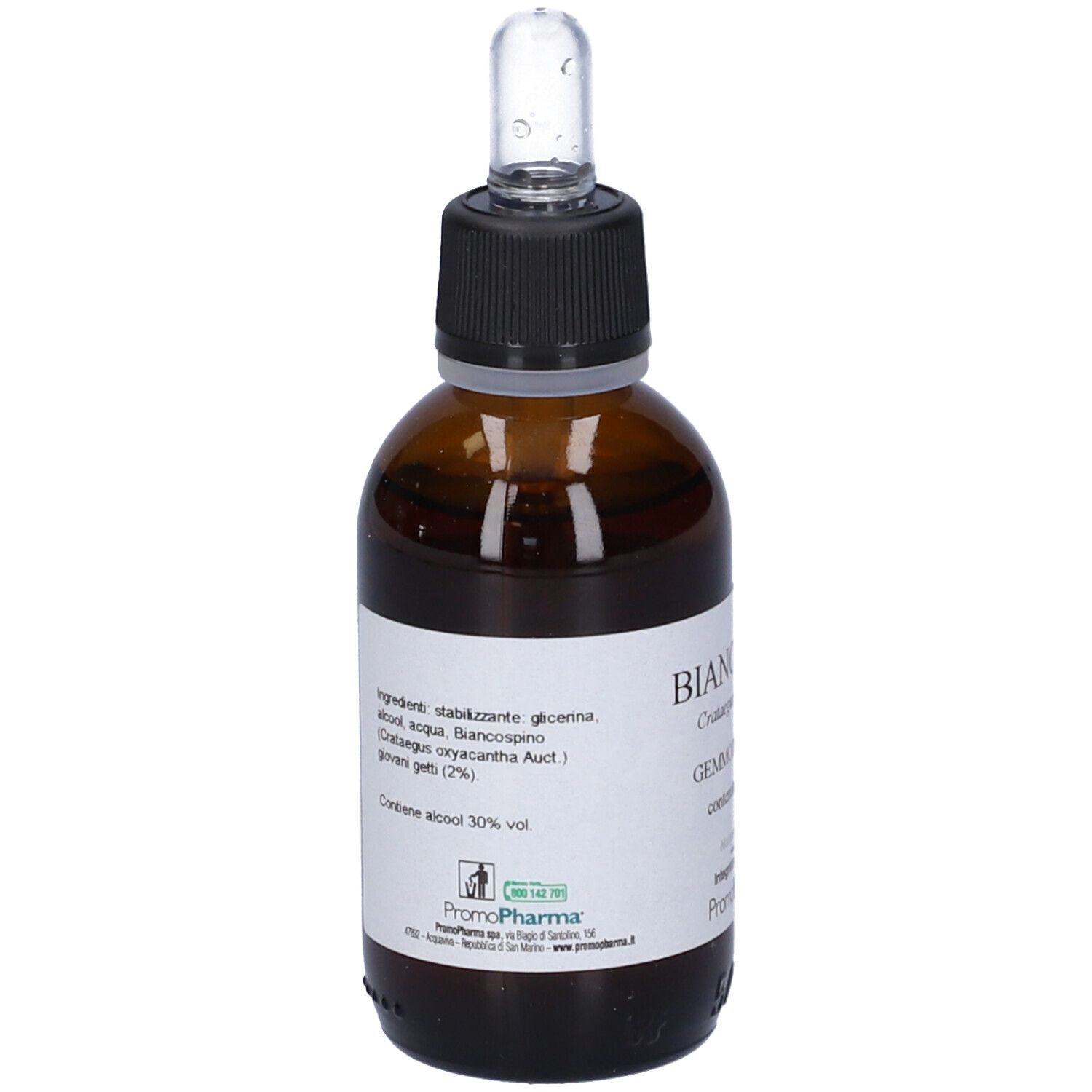 Flacone di vetro marrone con tappo nero e contagocce. Etichetta bianca con ingredienti e gradazione alcolica. Marchio PromoPharma.