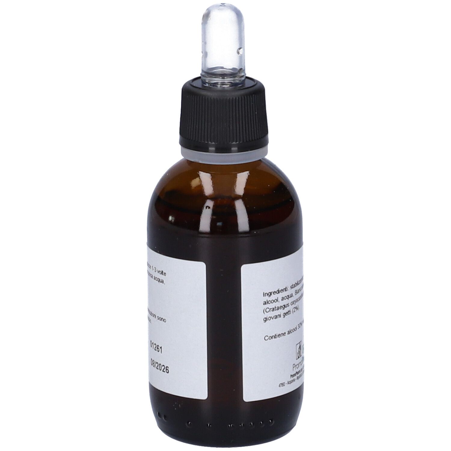 Flacone di vetro marrone con tappo nero e contagocce. Etichetta bianca con ingredienti e gradazione alcolica. Marchio PromoPharma.