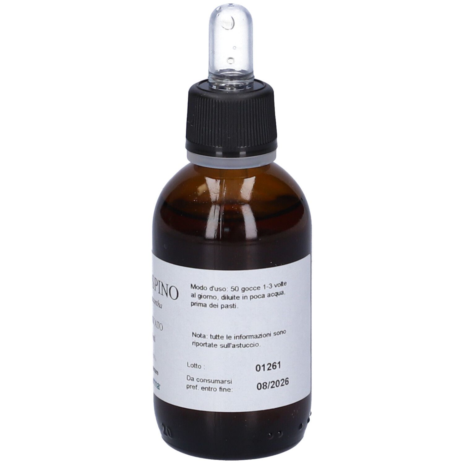 Flacone di vetro marrone con tappo nero e contagocce. Etichetta bianca con dosaggio e data di scadenza. Marchio PromoPharma.