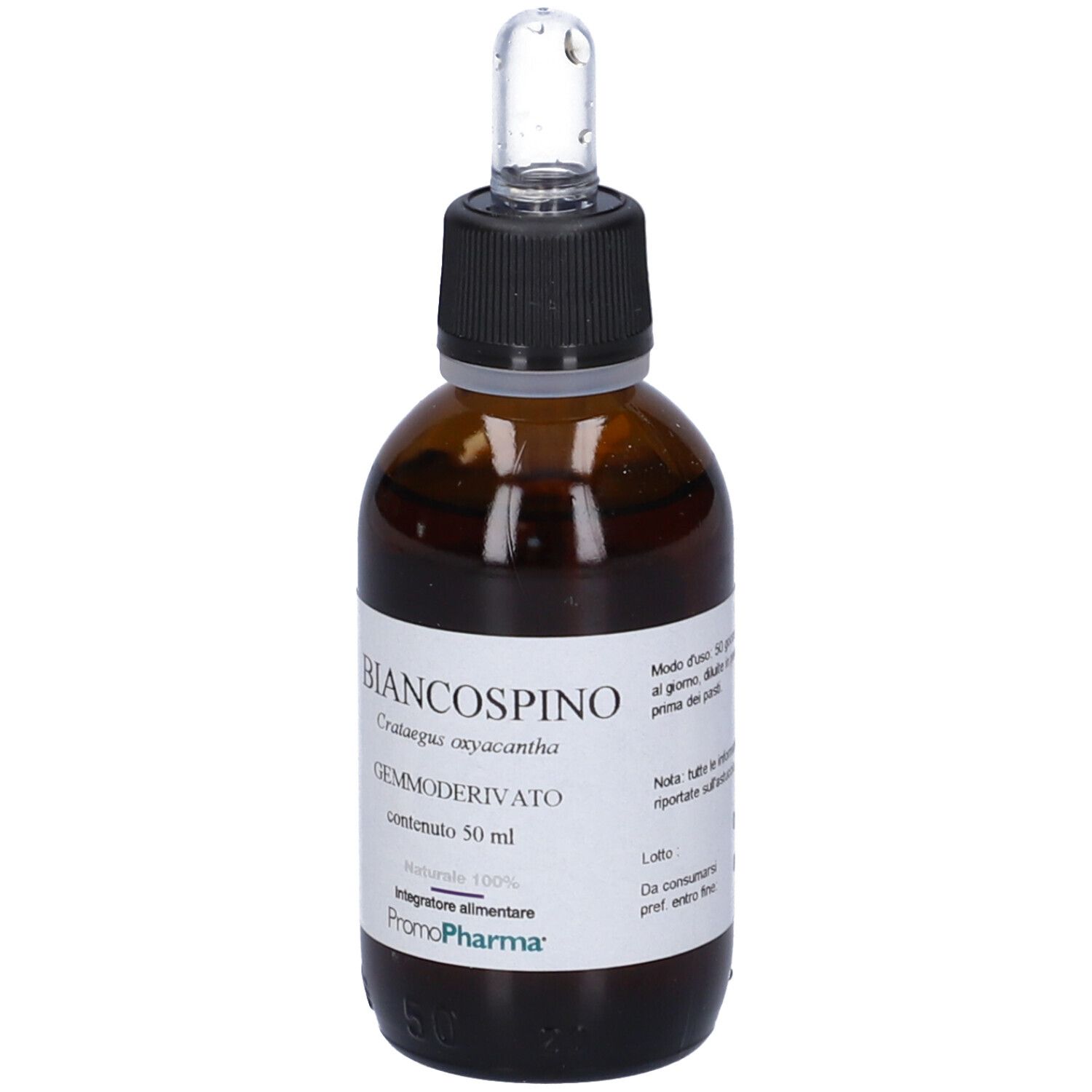Flacone di vetro marrone con tappo nero e contagocce. Etichetta bianca con nome del prodotto e informazioni. Marchio PromoPharma.