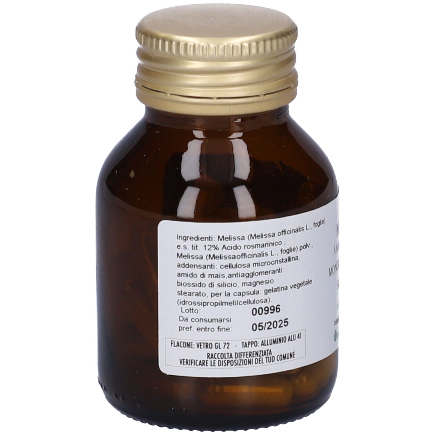 Retro di un flacone di vetro marrone con tappo dorato. Etichetta con ingredienti e informazioni. 50 capsule.