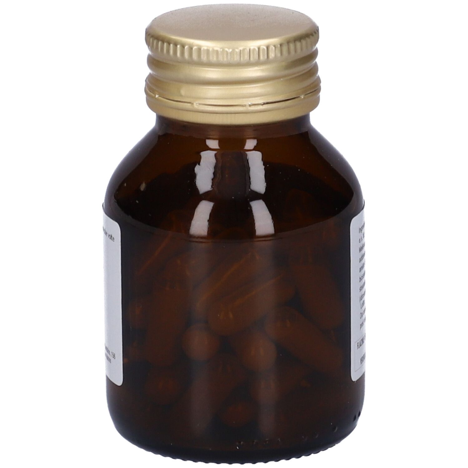 Flacone di vetro marrone con tappo dorato, pieno di capsule gialle. Etichetta con informazioni sul prodotto.