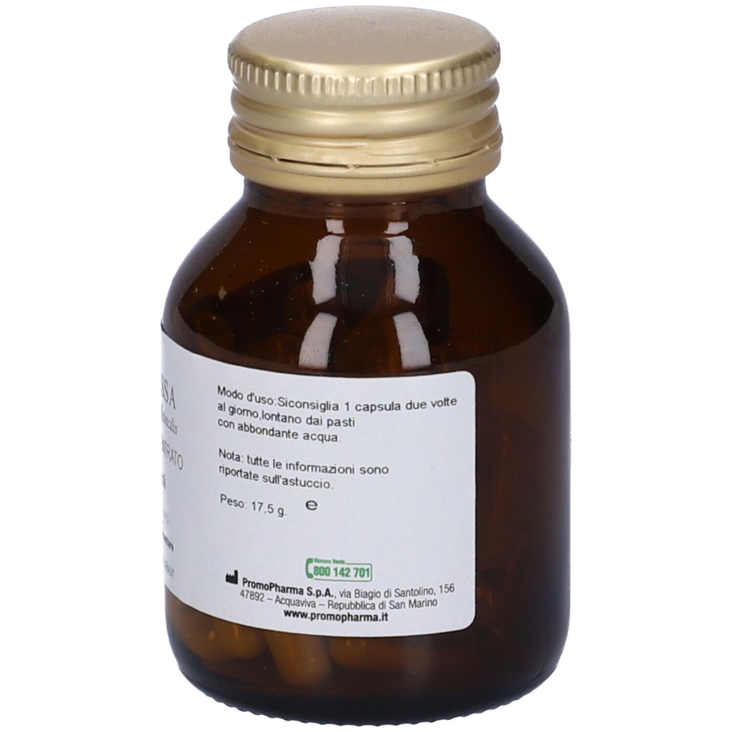 Flacone di vetro marrone con tappo dorato. Etichetta con istruzioni per l'uso e informazioni. 50 capsule.