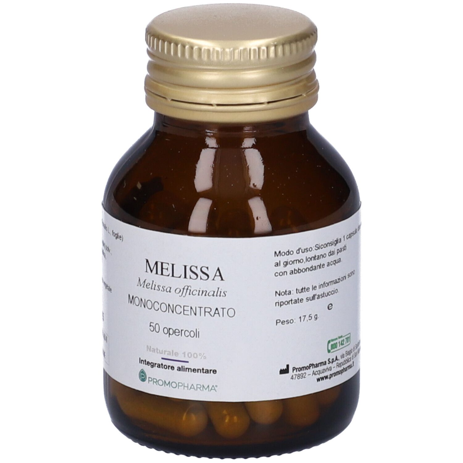 Flacone di vetro marrone con tappo dorato. Etichetta con nome MELISSA e informazioni. 50 capsule.