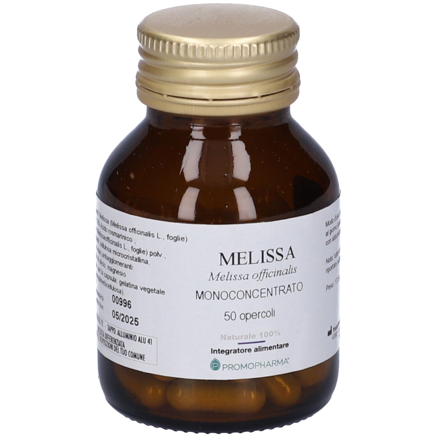 Flacone di vetro marrone con tappo dorato. Etichetta con nome MELISSA e informazioni. 50 capsule.