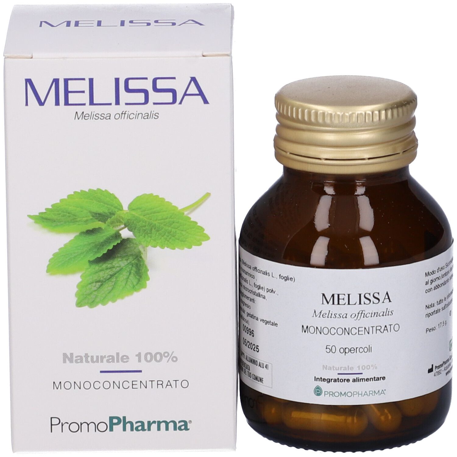 Flacone marrone con tappo dorato e scatola bianca. Sulla scatola, MELISSA e motivo a foglie. 50 capsule.