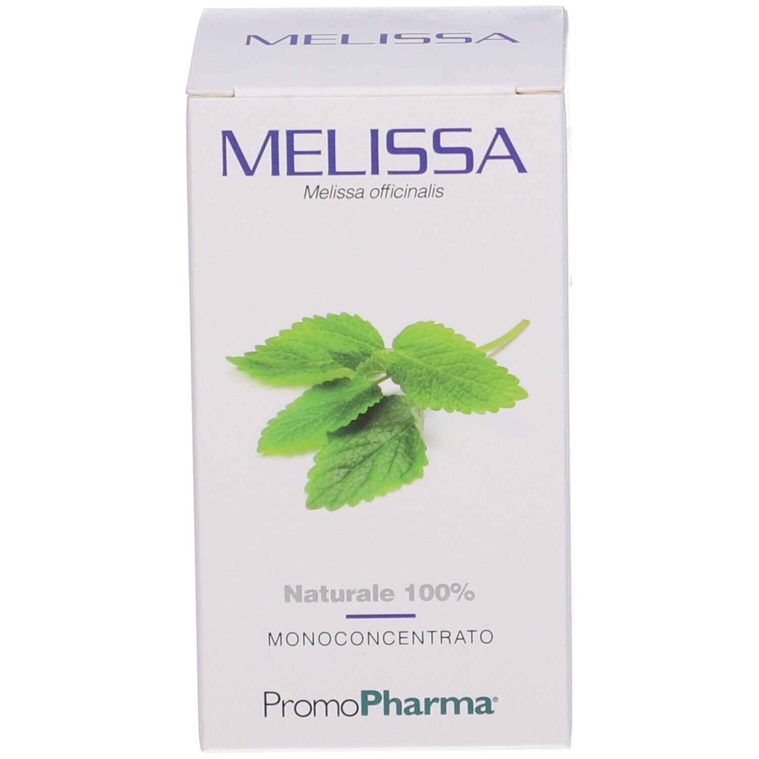 Scatola bianca con MELISSA e motivo a foglie. Sulla scatola, 'Naturale 100%' e 'Monoconcentrato'.