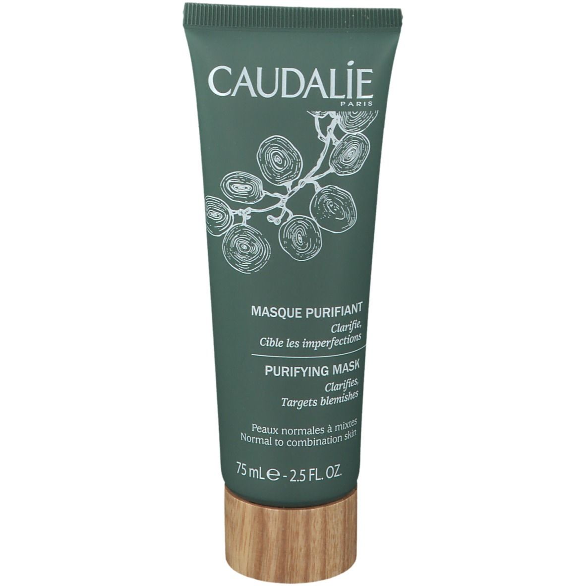 Tubo verde con scritta bianca CAUDALIE. Scritta: Masque Purifiant, Purifying Mask, 75 ml. Tappo color legno.
