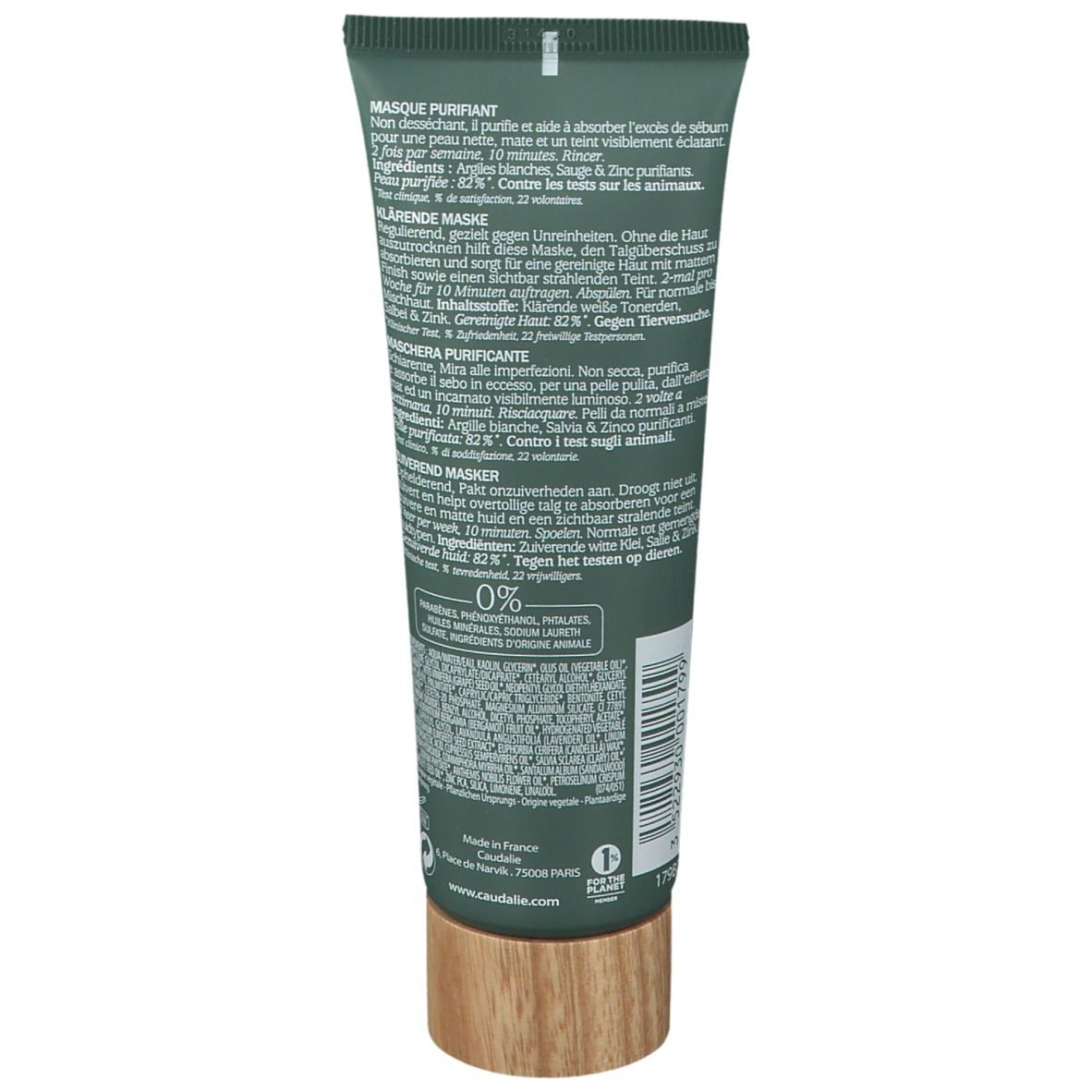 Retro del tubo verde. Testo e ingredienti. Tappo color legno.