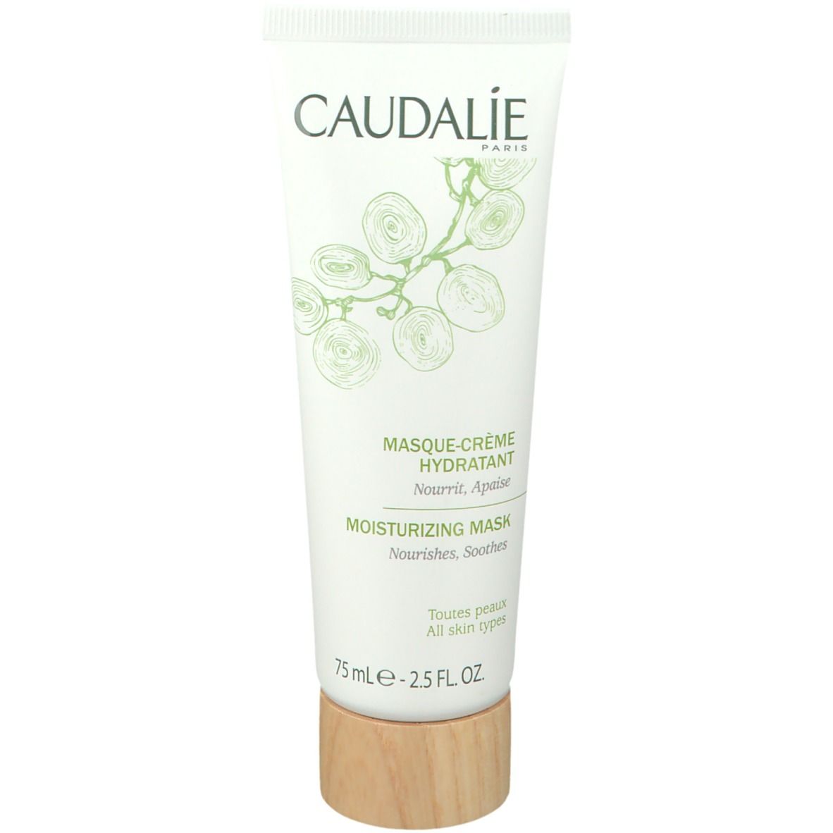 Tubo bianco con stampa verde. Testo: CAUDALIE, MASQUE-CRÈME HYDRATANT, MOISTURIZING MASK. Base in legno. 75 ml.