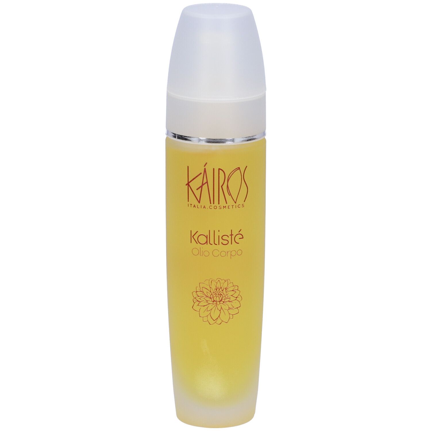 Flacone Kallisté Olio Corpo. Liquido giallo, tappo bianco, testo rosso, design floreale.