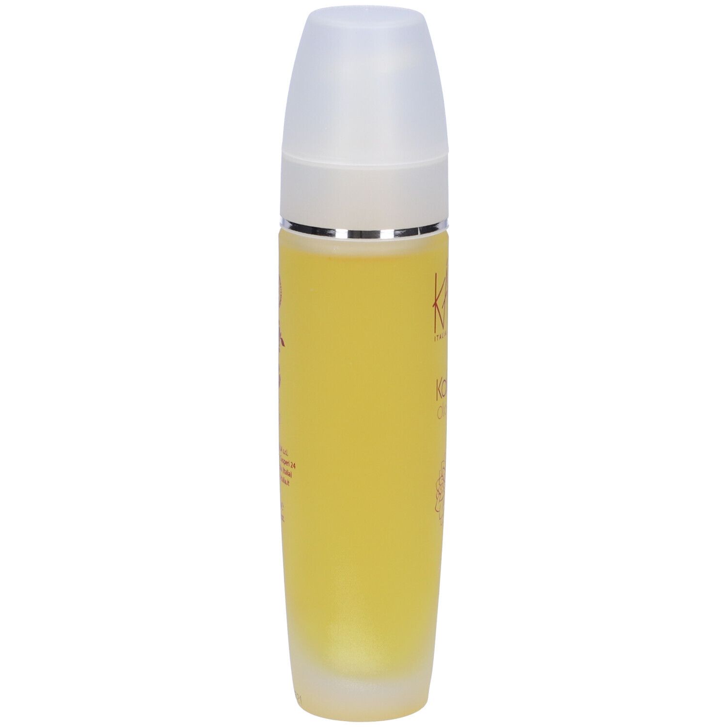Flacone Kallisté Olio Corpo. Liquido giallo, tappo bianco, testo rosso, design floreale.