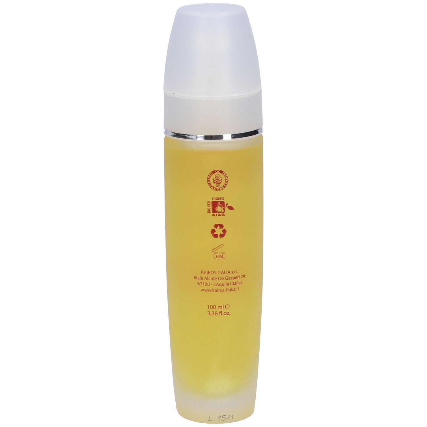 Flacone Kallisté Olio Corpo. Liquido giallo, tappo bianco, testo rosso, retro.