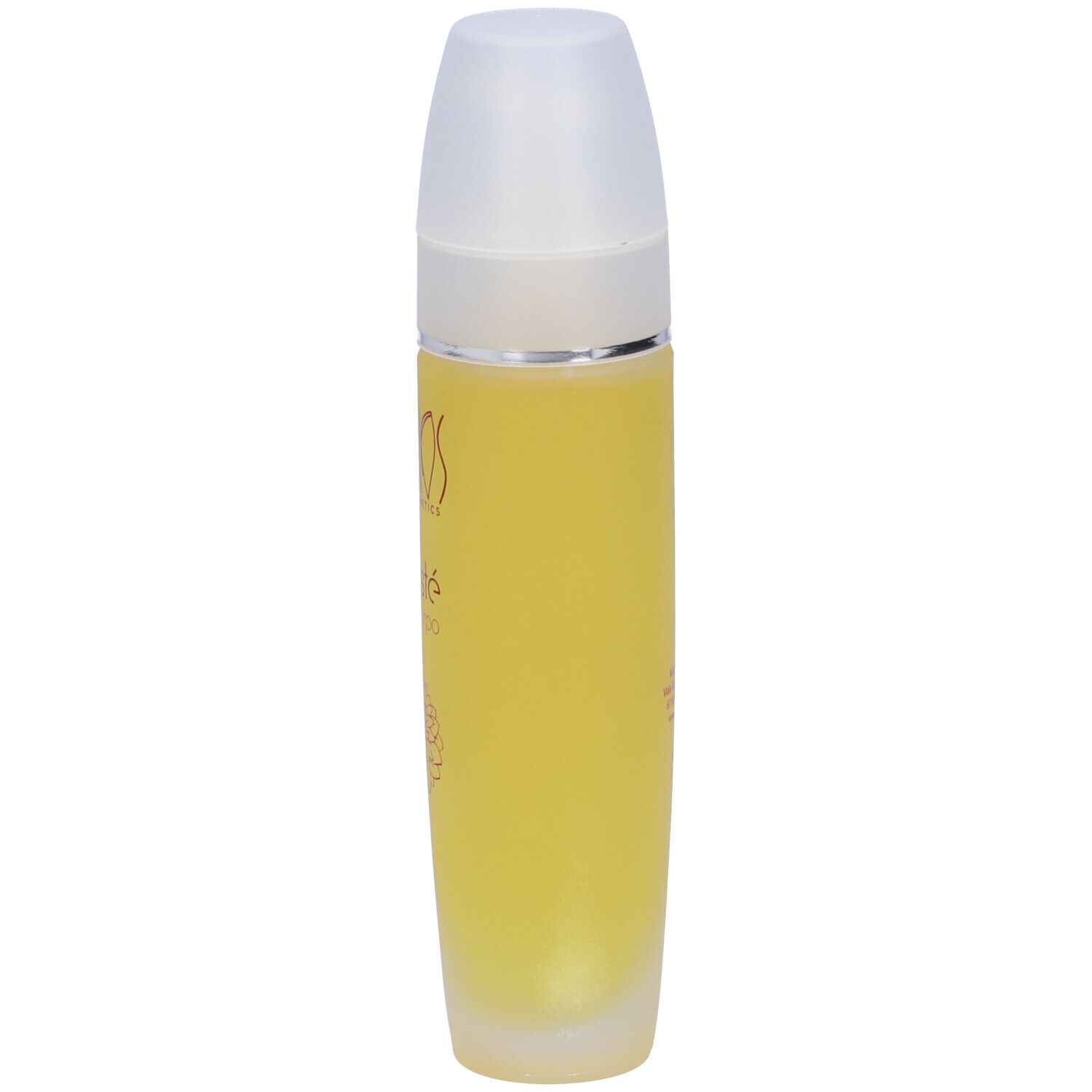 Flacone Kallisté Olio Corpo. Liquido giallo, tappo bianco, testo rosso, design floreale.