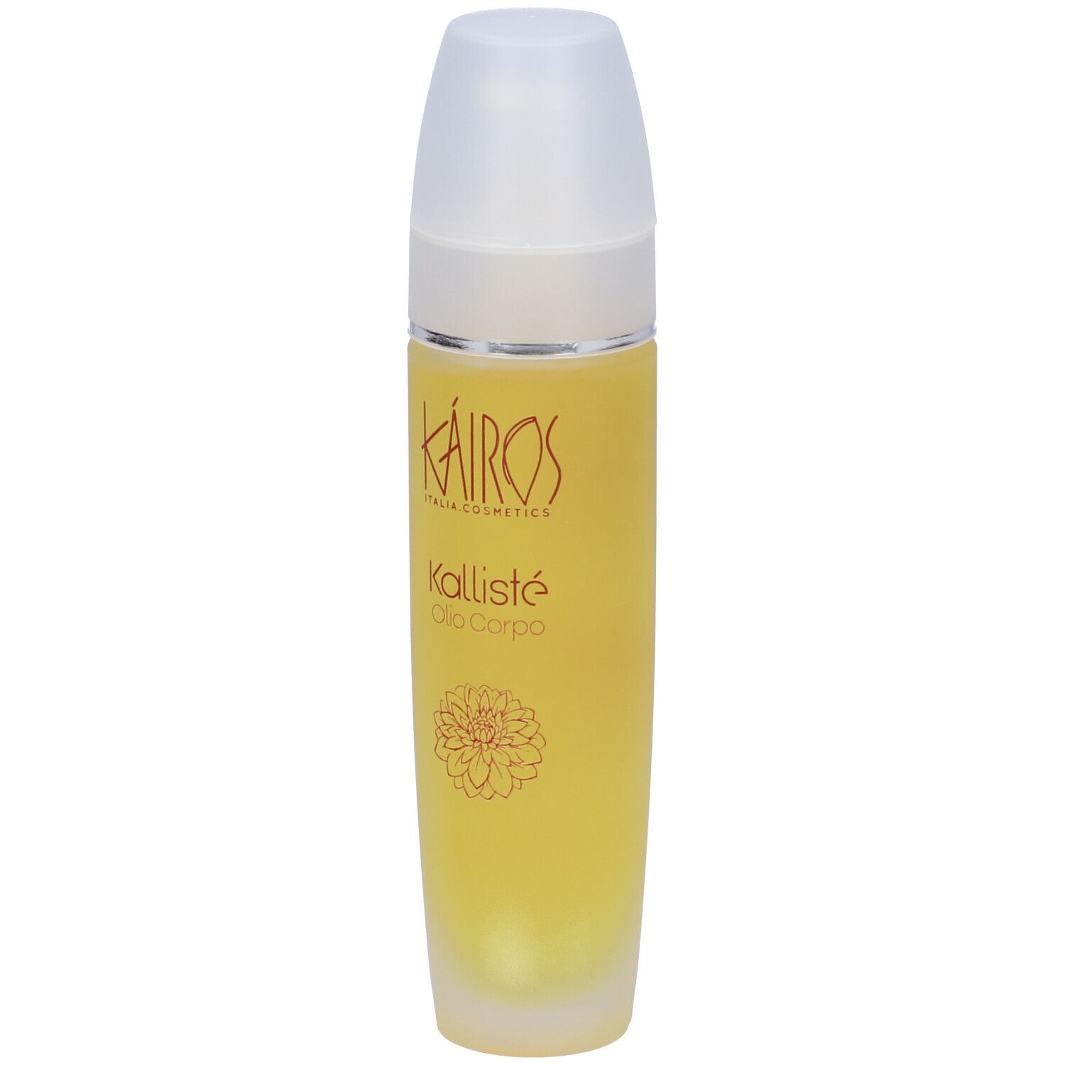 Flacone Kallisté Olio Corpo. Liquido giallo, tappo bianco, testo rosso, design floreale.