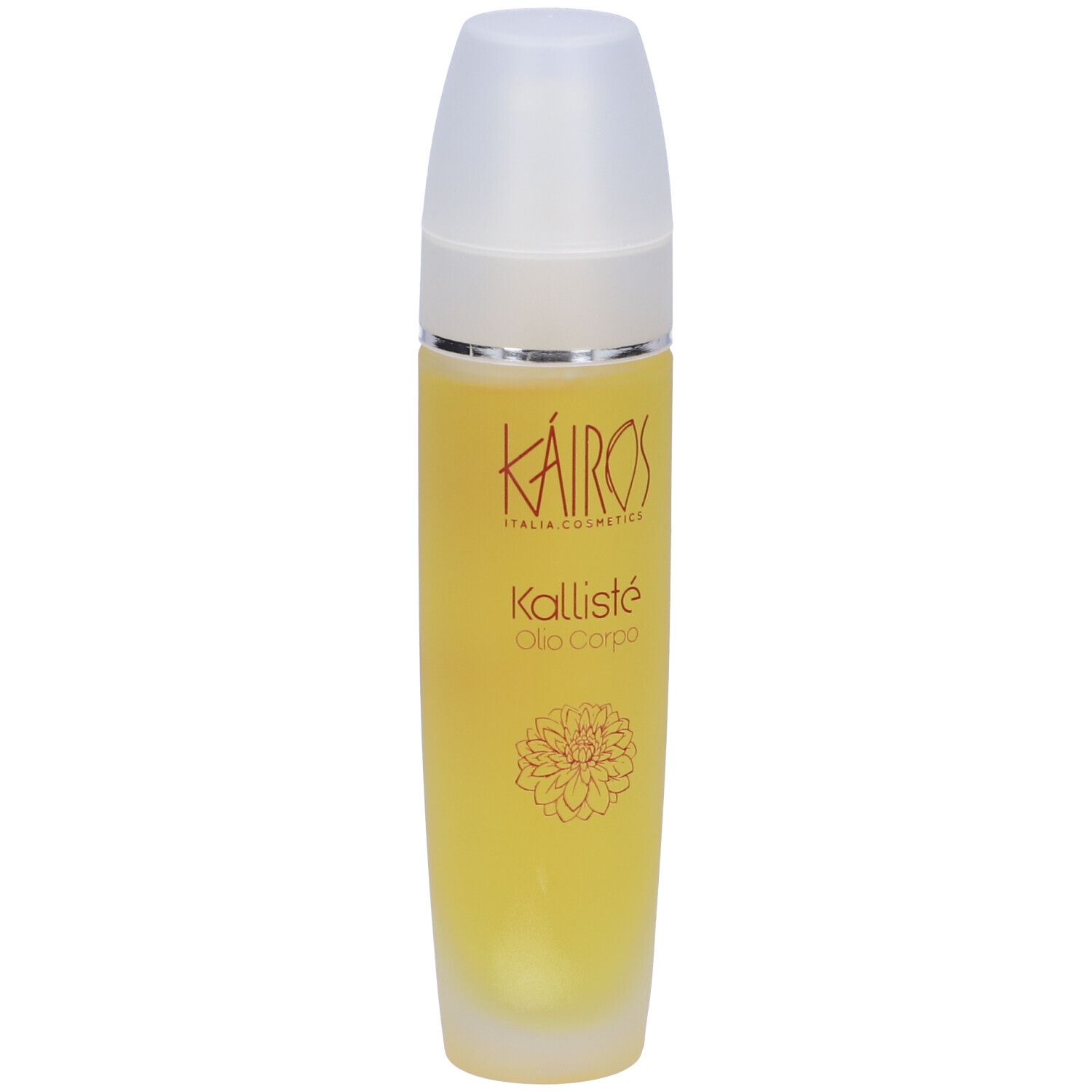 Flacone Kallisté Olio Corpo. Liquido giallo, tappo bianco, testo rosso, design floreale.