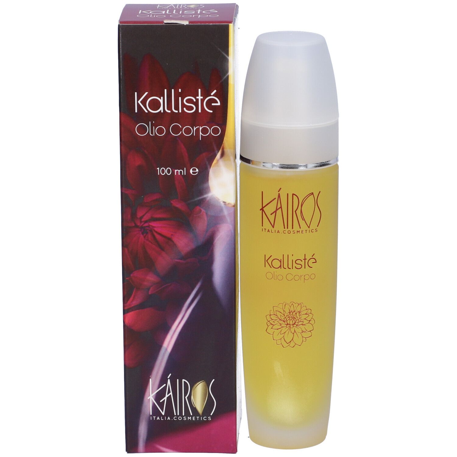 Flacone e confezione Kallisté Olio Corpo. Liquido giallo, tappo bianco, testo rosso.
