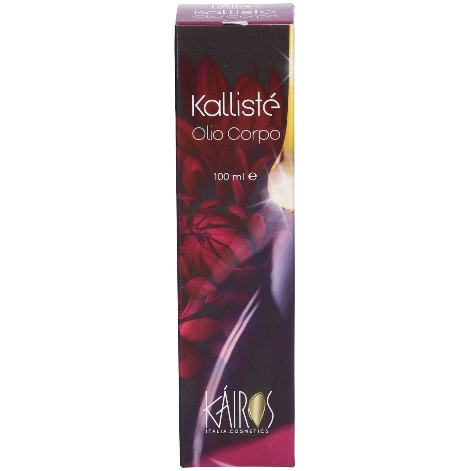 Confezione Kallisté Olio Corpo. Confezione rossa e nera, testo bianco.