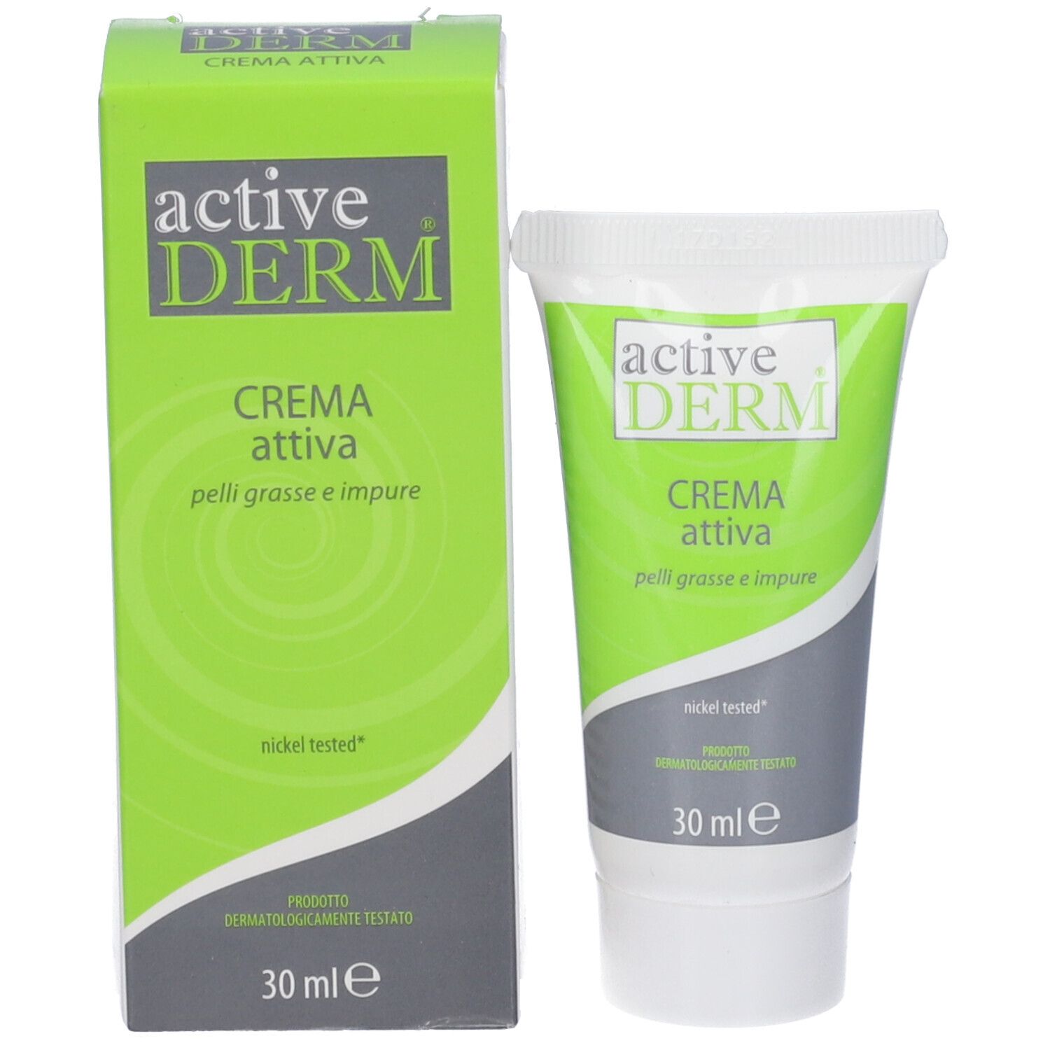 Confezione del prodotto con tubo. Tubo e scatola con design verde e bianco. Scritta: active DERM, 30 ml.