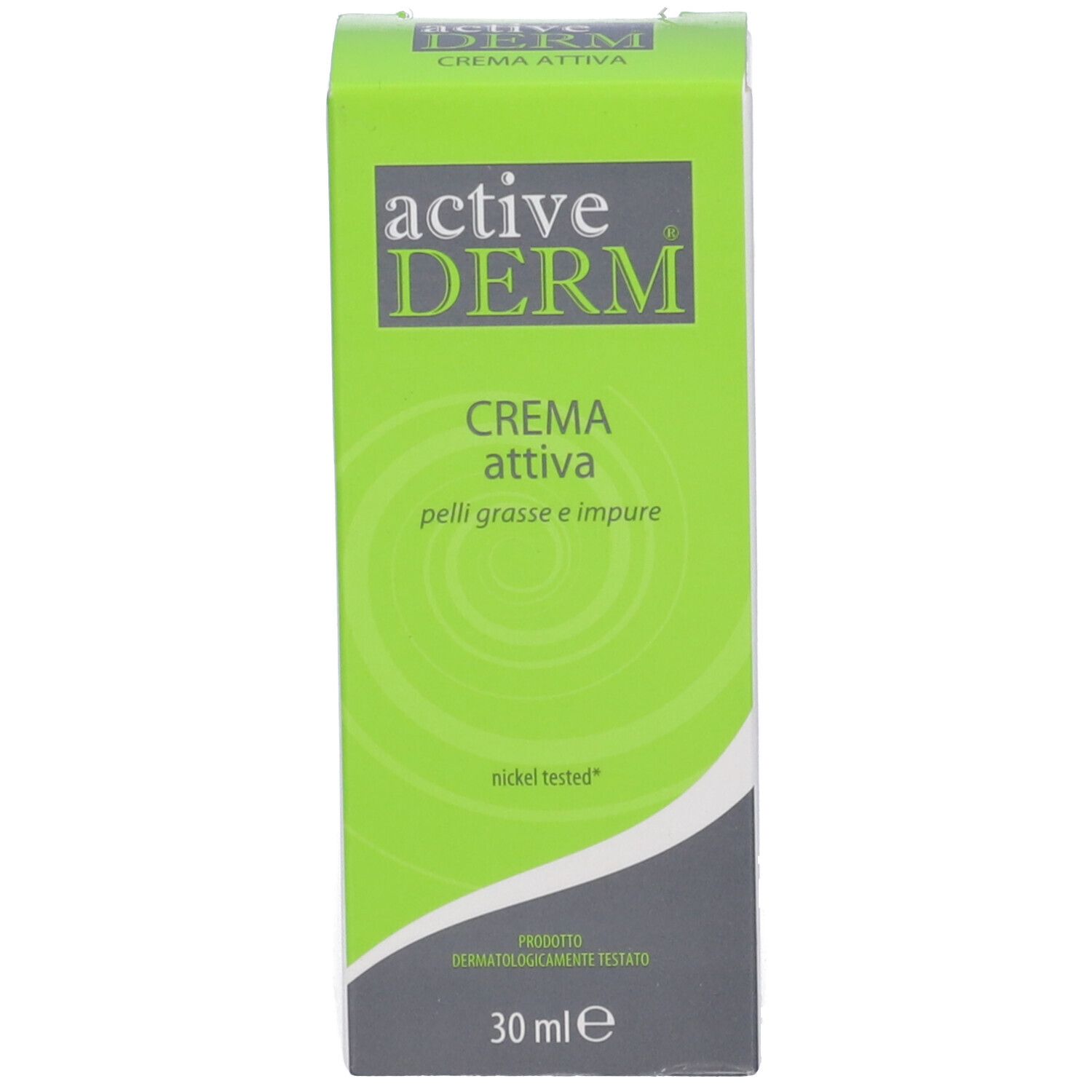 Scatola verde con testo bianco. Scritta: active DERM, CREMA attiva, 30 ml. Nickel tested.