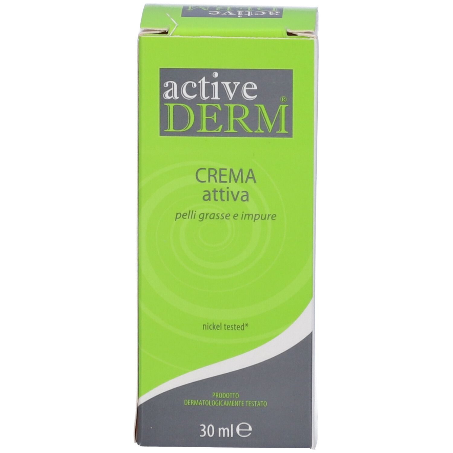 Scatola verde con testo bianco. Scritta: active DERM, CREMA attiva, 30 ml. Nickel tested.
