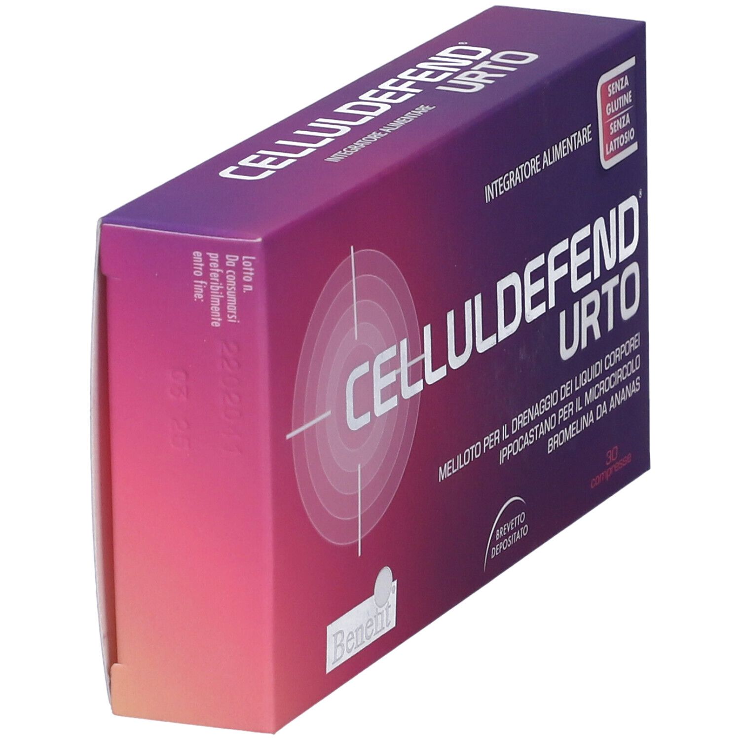 Scatola CELLULDEFEND URTO, viola. Testo: Senza glutine, senza lattosio. 30 compresse.
