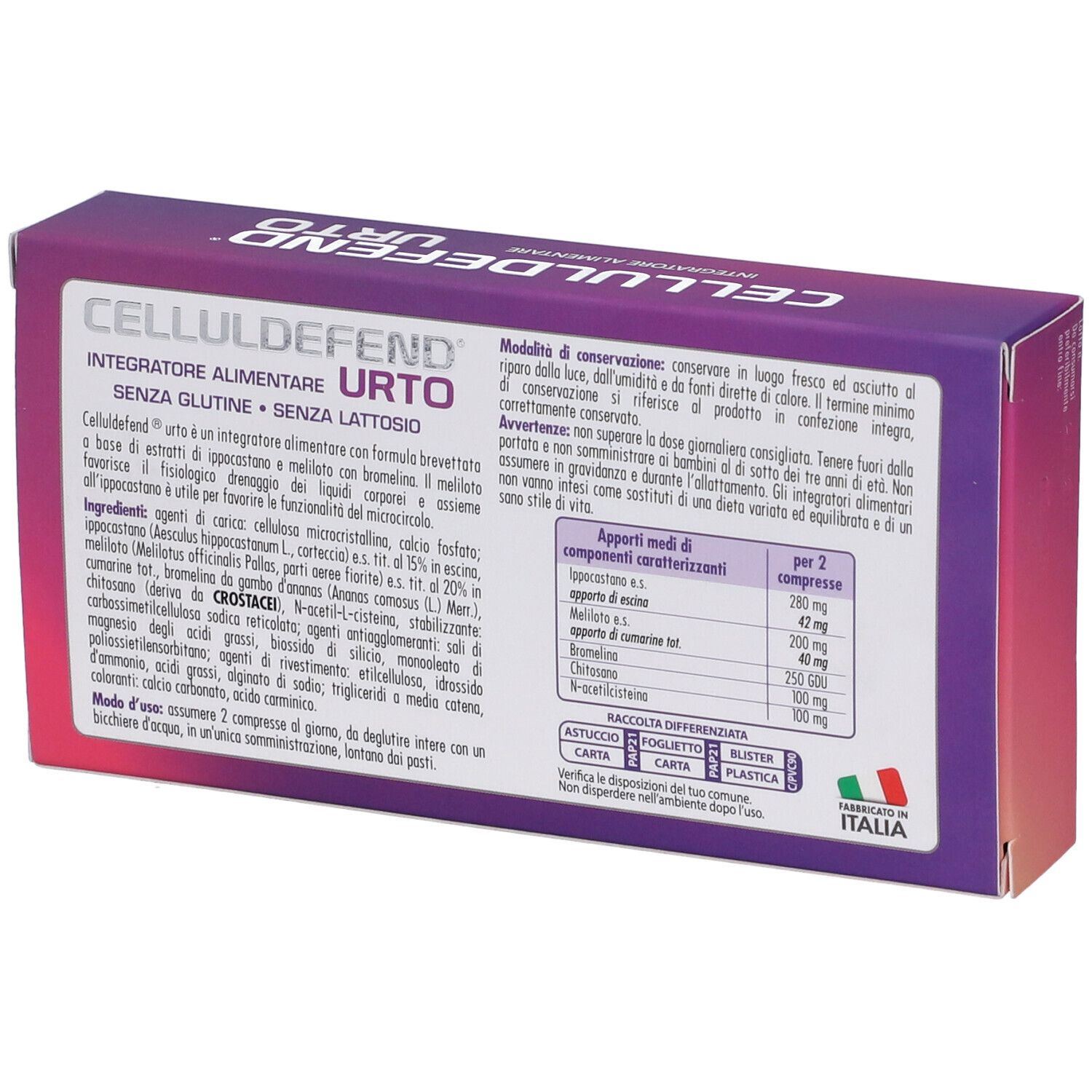 Retro della scatola CELLULDEFEND URTO. Testo e ingredienti. Prodotto in Italia.