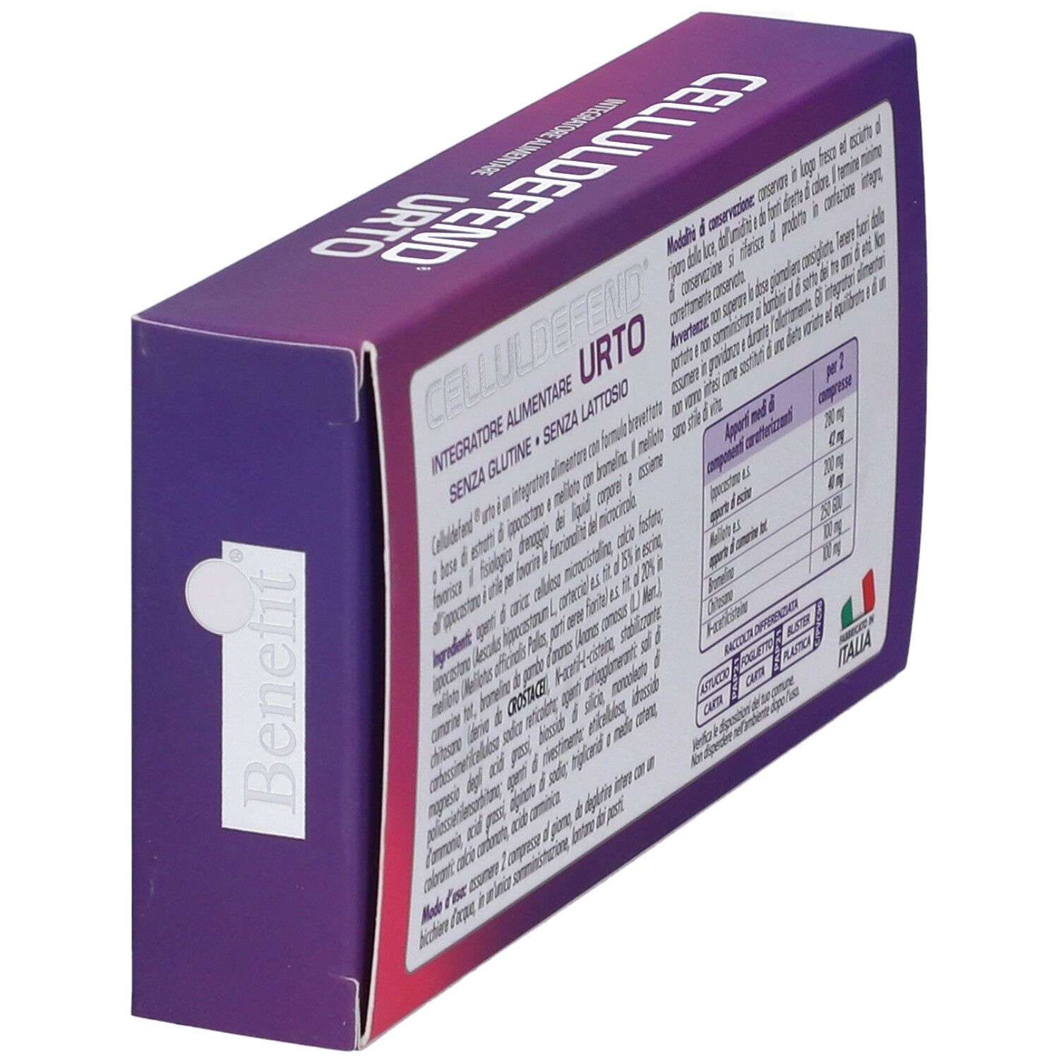 Retro della scatola CELLULDEFEND URTO. Testo e ingredienti. Prodotto in Italia.