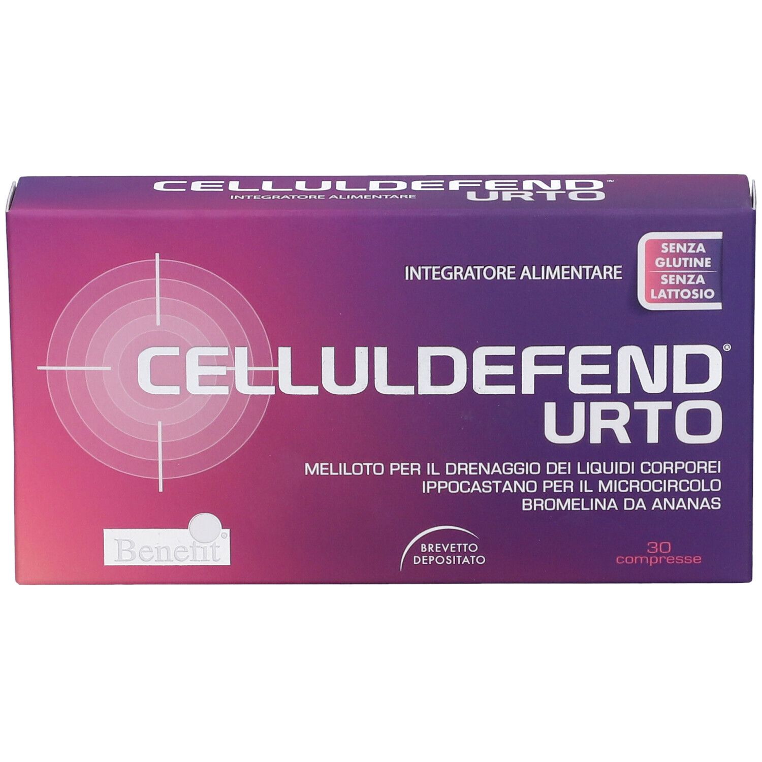 Scatola viola CELLULDEFEND URTO. Testo: Senza glutine, senza lattosio. 30 compresse.