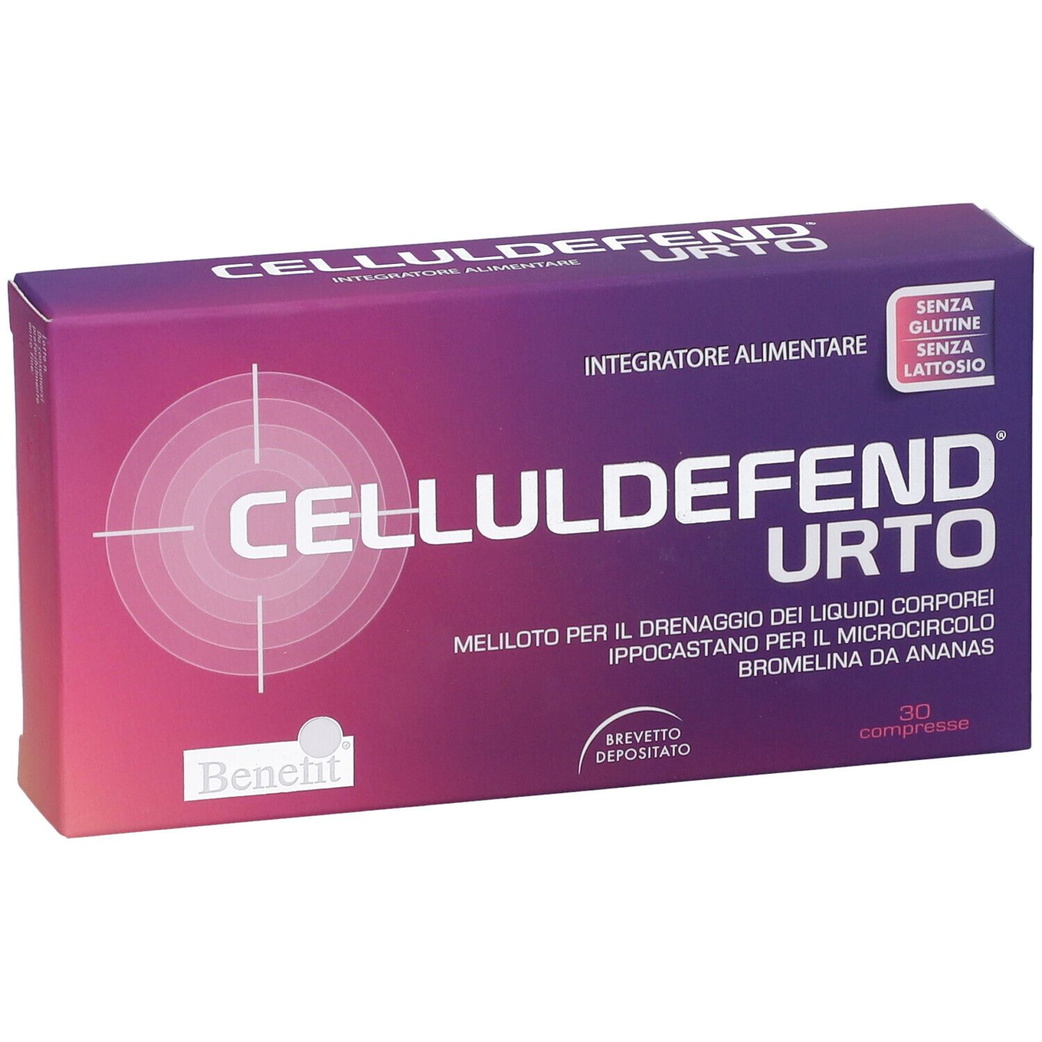 Scatola viola CELLULDEFEND URTO. Testo: Senza glutine, senza lattosio. 30 compresse.