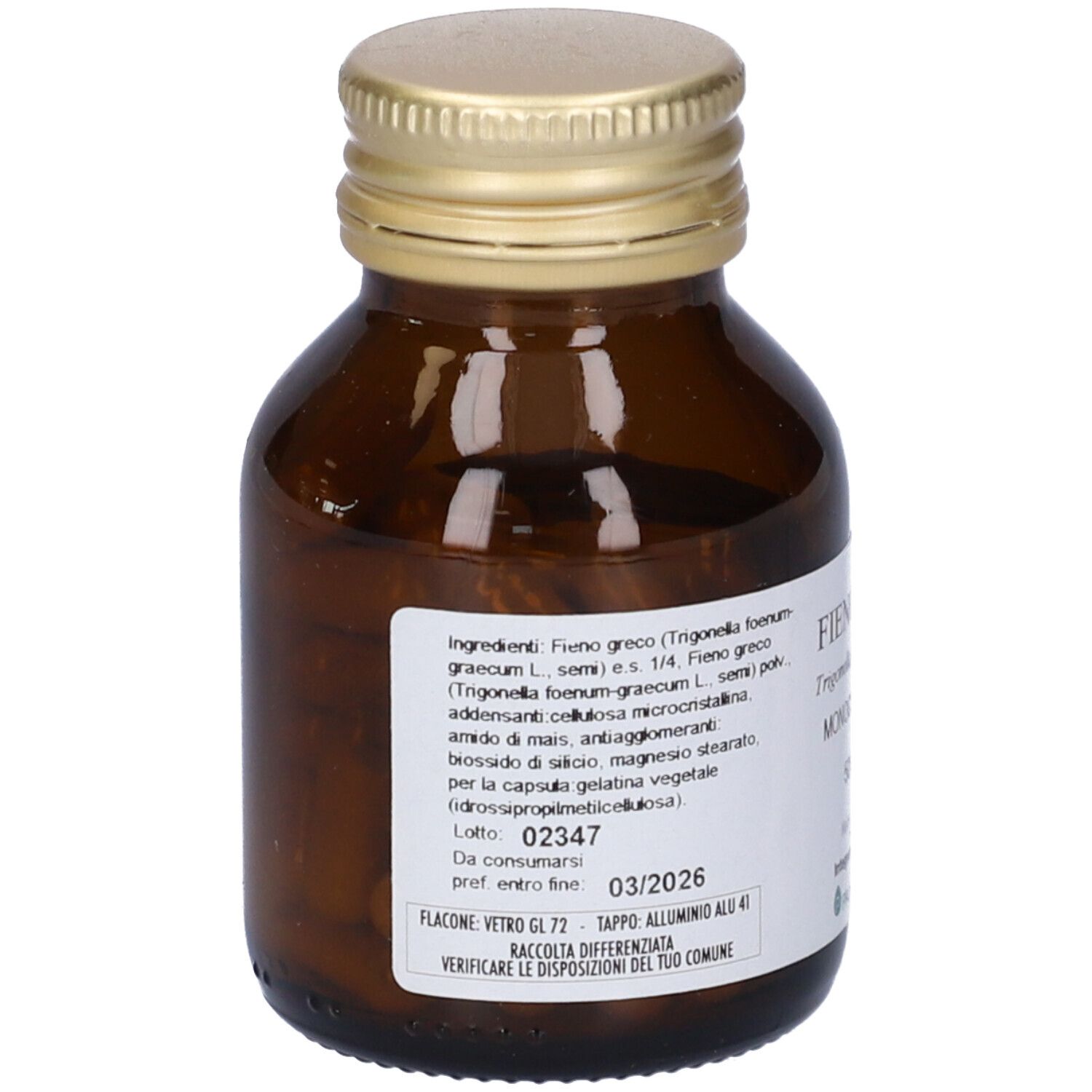 Flacone di vetro marrone con tappo dorato. Etichetta con ingredienti e data di scadenza. Marca: PromoPharma.