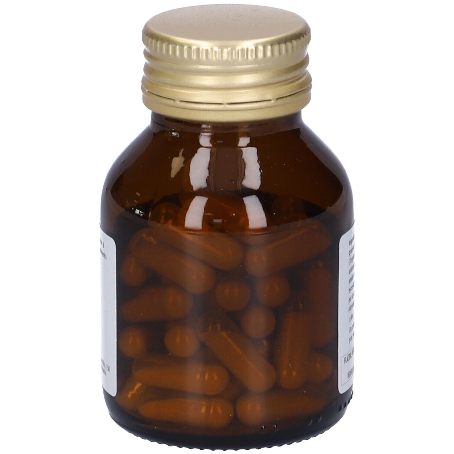 Flacone di vetro marrone con tappo dorato, pieno di capsule marroni. Marca: PromoPharma.