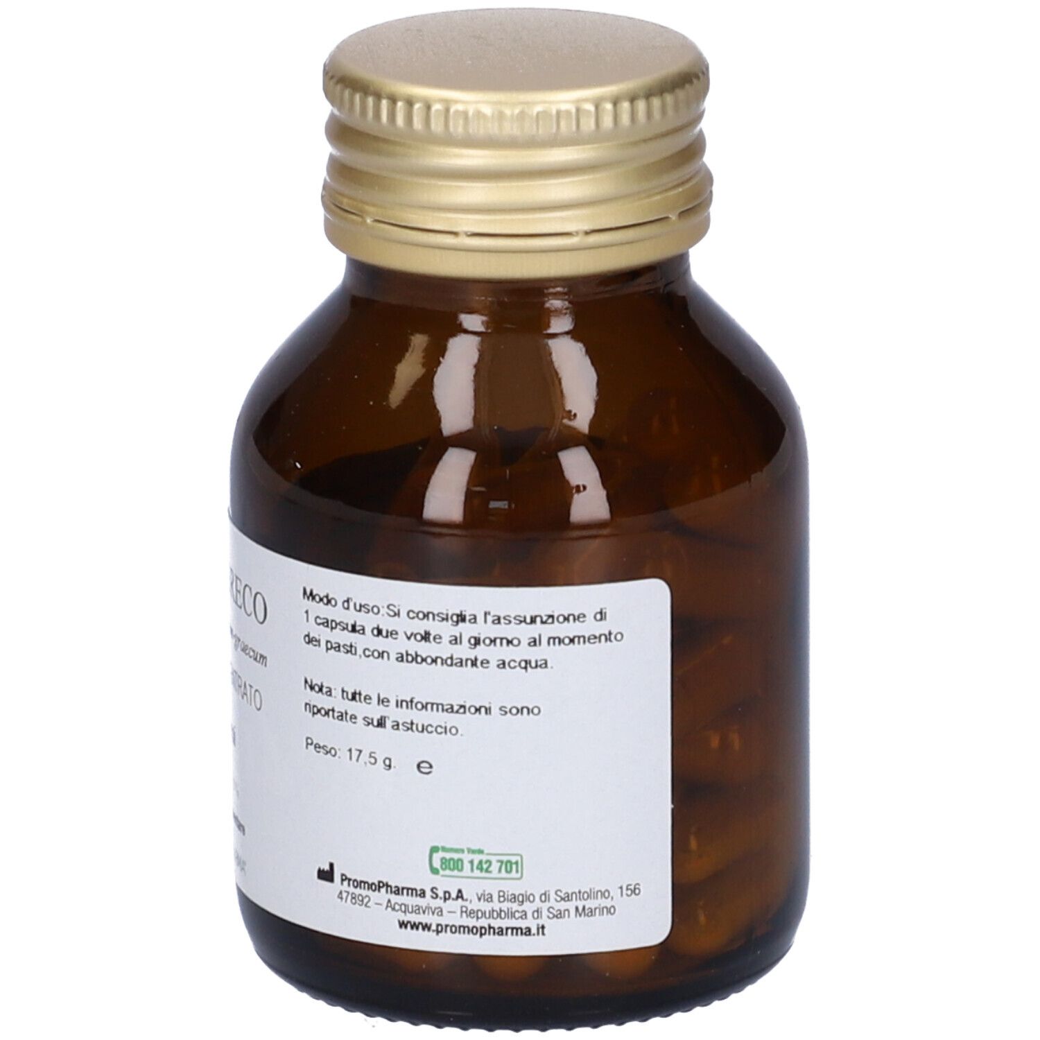 Flacone di vetro marrone con tappo dorato. Etichetta con istruzioni per l'uso e peso. Marca: PromoPharma.