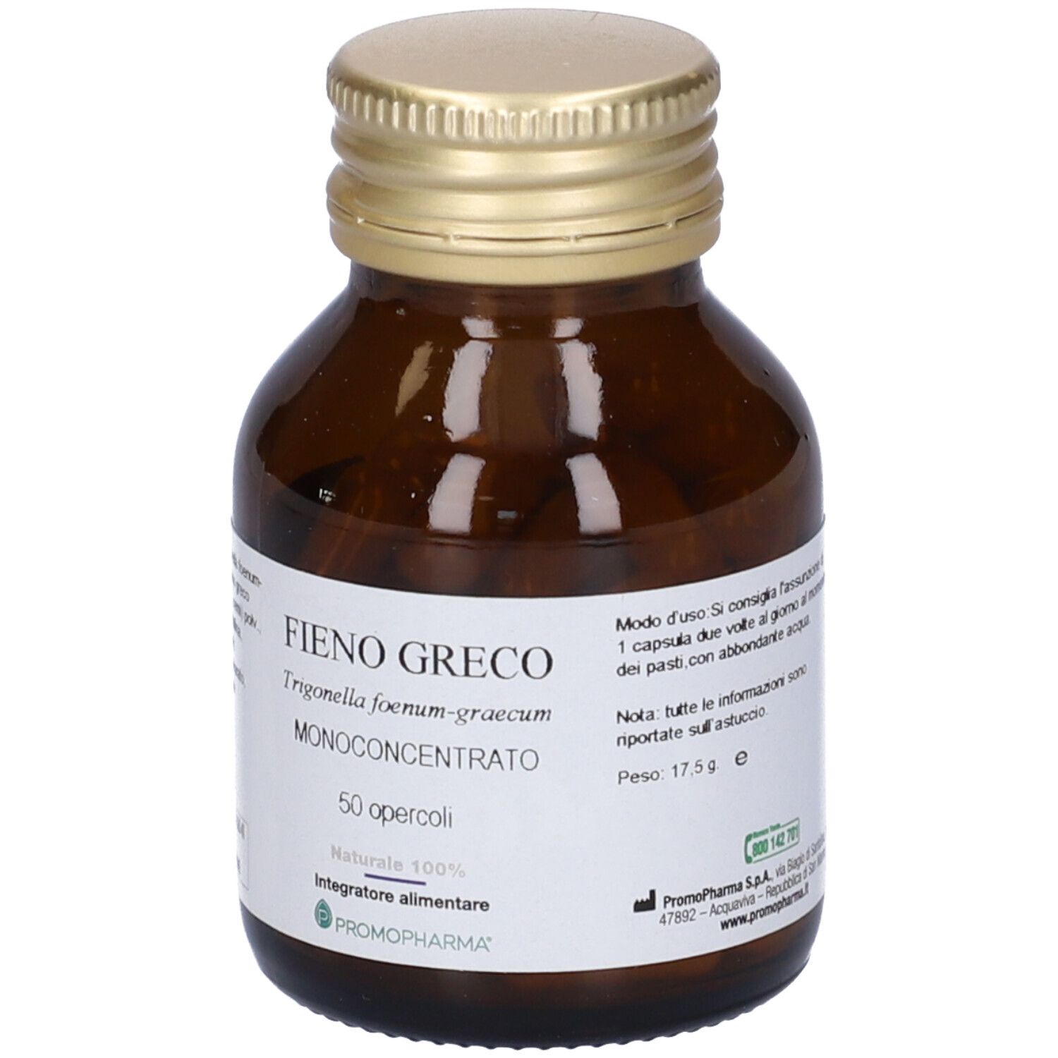 Flacone di vetro marrone con tappo dorato. Etichetta con informazioni sul prodotto. 50 capsule. Marca: PromoPharma.