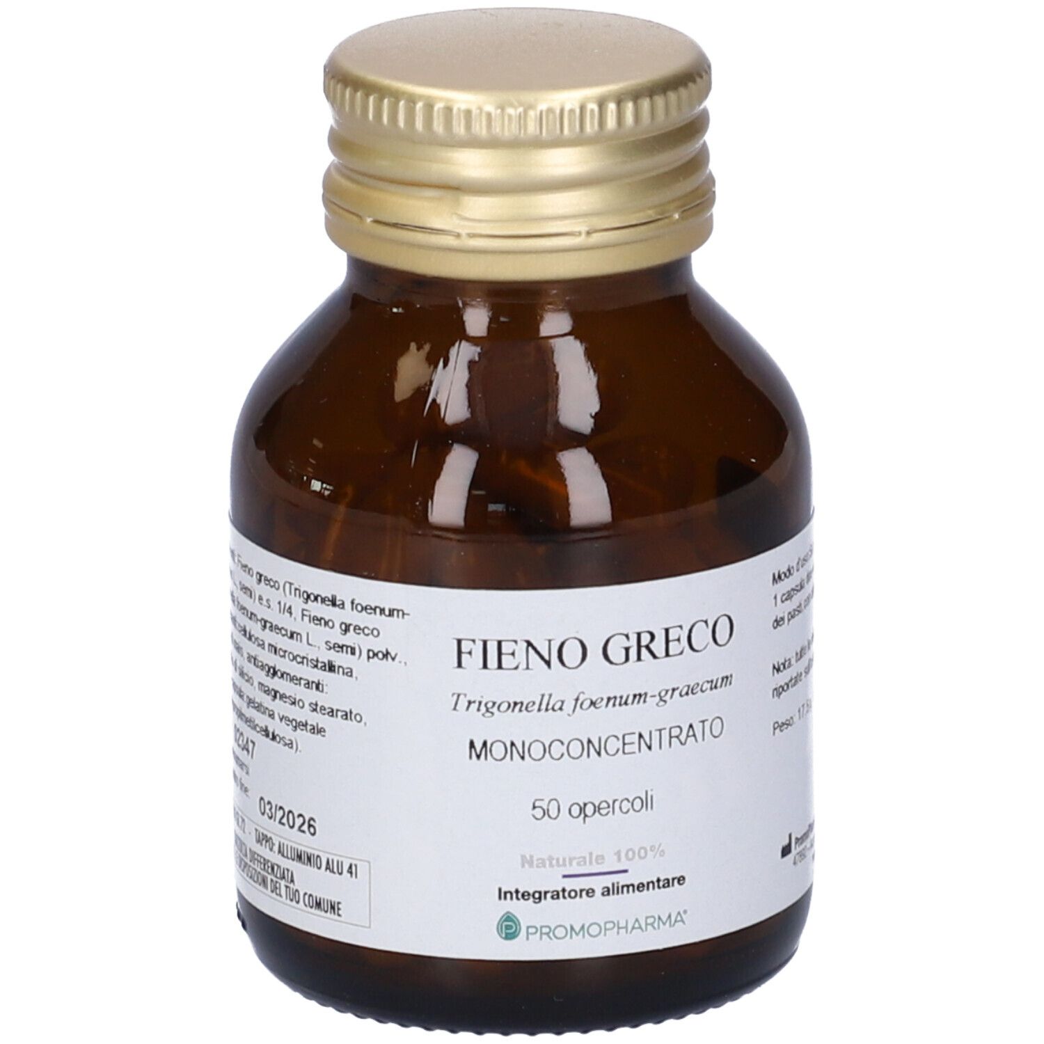 Flacone di vetro marrone con tappo dorato. Etichetta con informazioni sul prodotto. 50 capsule. Marca: PromoPharma.