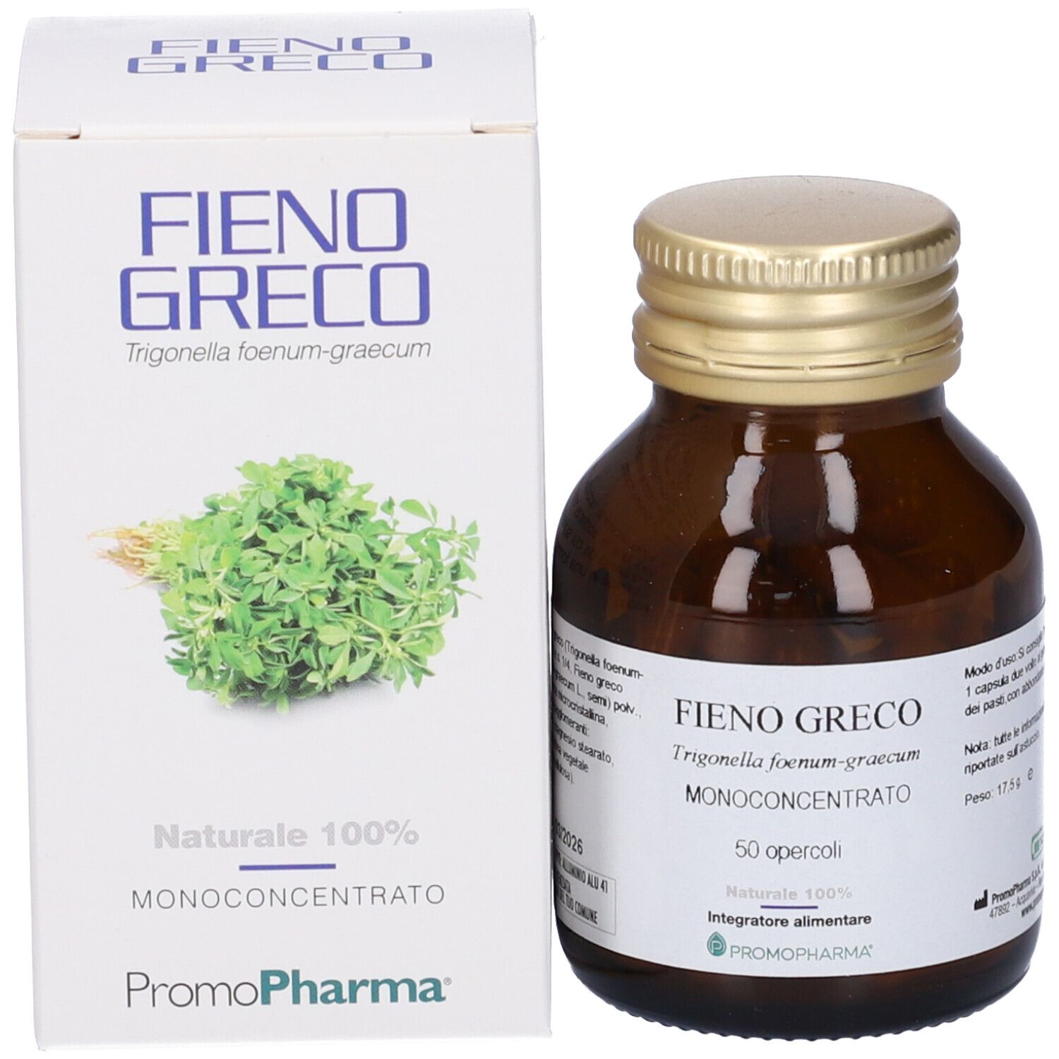 Confezione e flacone del prodotto. Scatola bianca con nome del prodotto e illustrazione di erbe. Flacone marrone con capsule.
