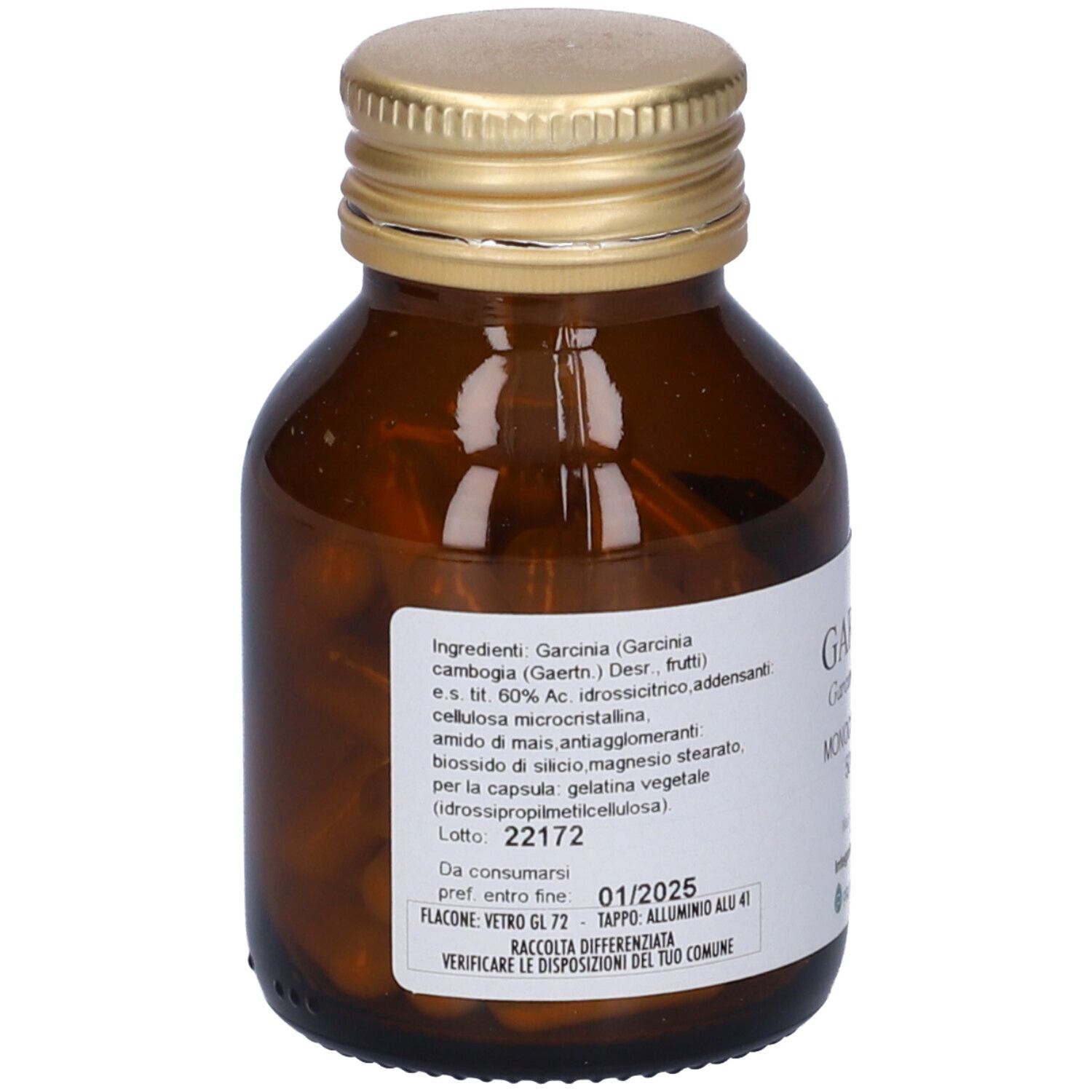 Flacone di vetro marrone con tappo dorato. Etichetta con ingredienti e data di scadenza. Garcinia cambogia.