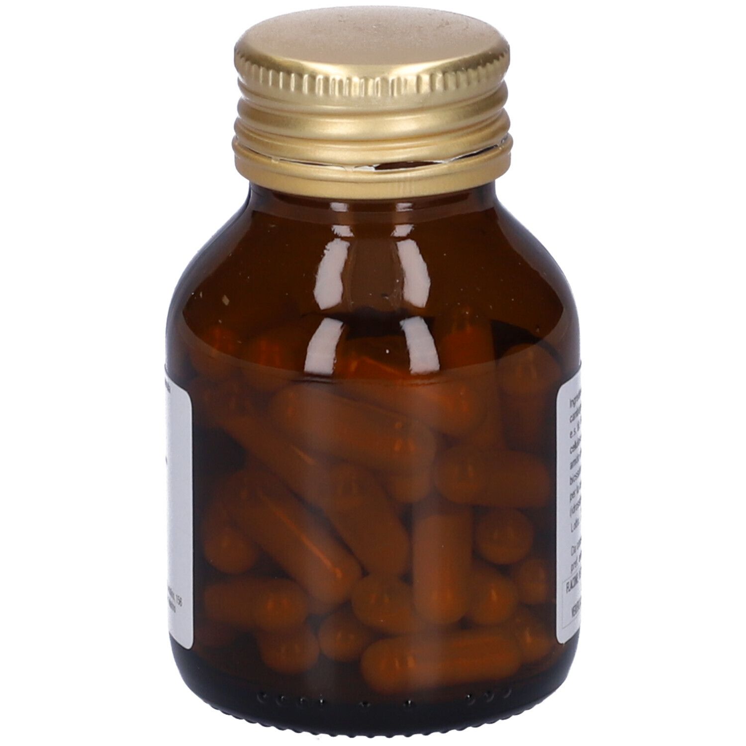 Flacone di vetro marrone con tappo dorato. Capsule visibili. Garcinia cambogia.