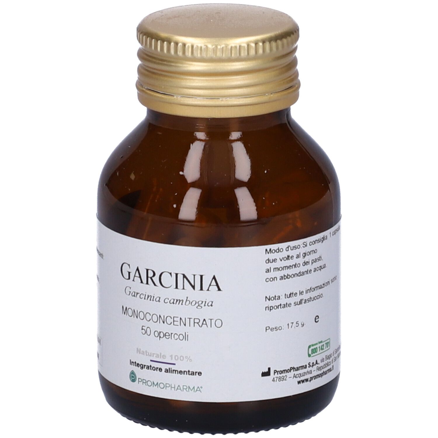 Flacone di vetro marrone con tappo dorato. Etichetta con informazioni sul prodotto. Garcinia cambogia, 50 capsule.
